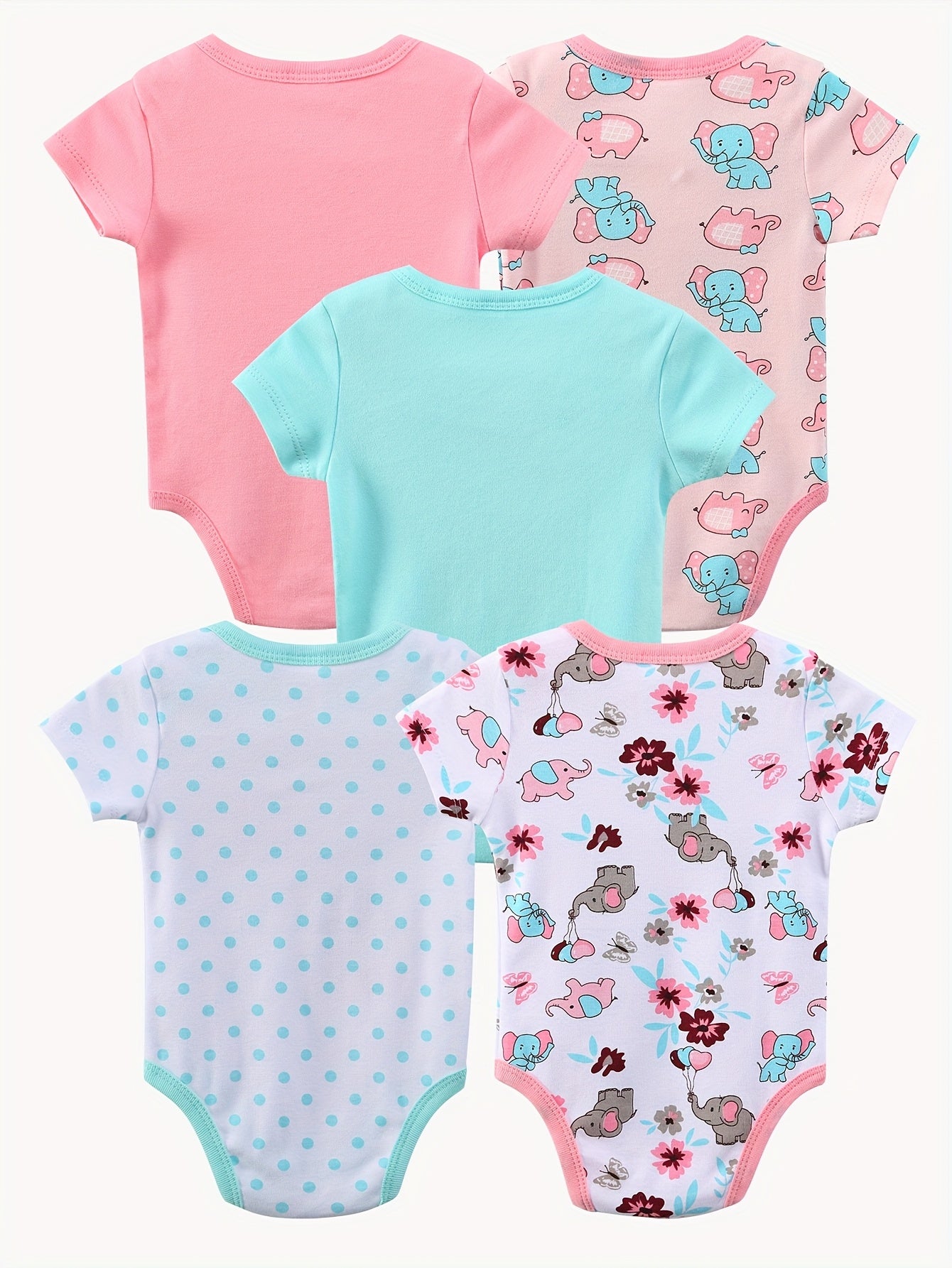 5pcs Short-sleeved Triangular One-piece Set For Baby Girls, Cotton Baby Coat, Crawling Coat And Bottom Coat, Elegant Cartoon Elephant Shape, Soft Fabric Home Wear, for Outdoor