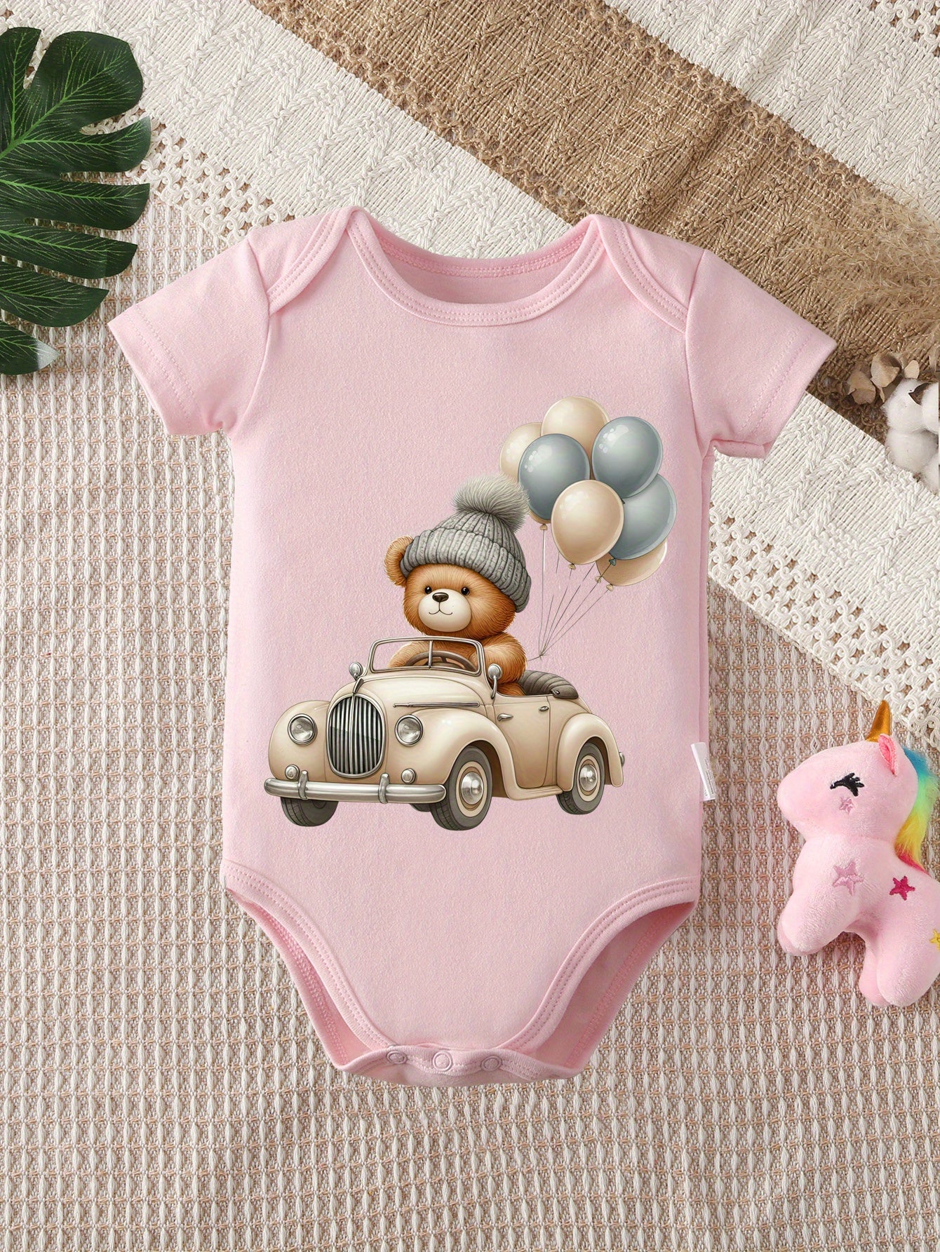 Soft Cotton Cartoon Bear and Balloons Print Short Sleeve Onesie for Infants 0-12 Months