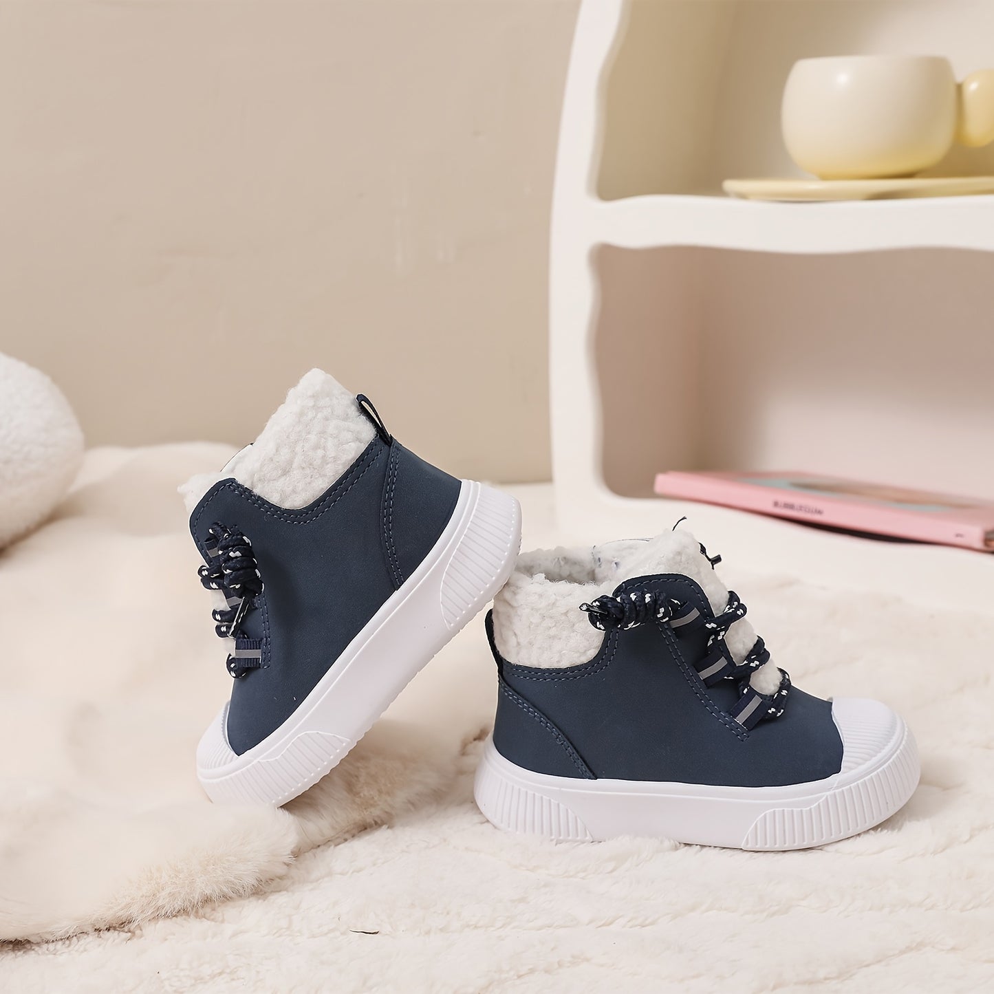 Cozy Fleece Lined High Top Sneakers for Kids with Hook and Loop Closure for Fall Winter