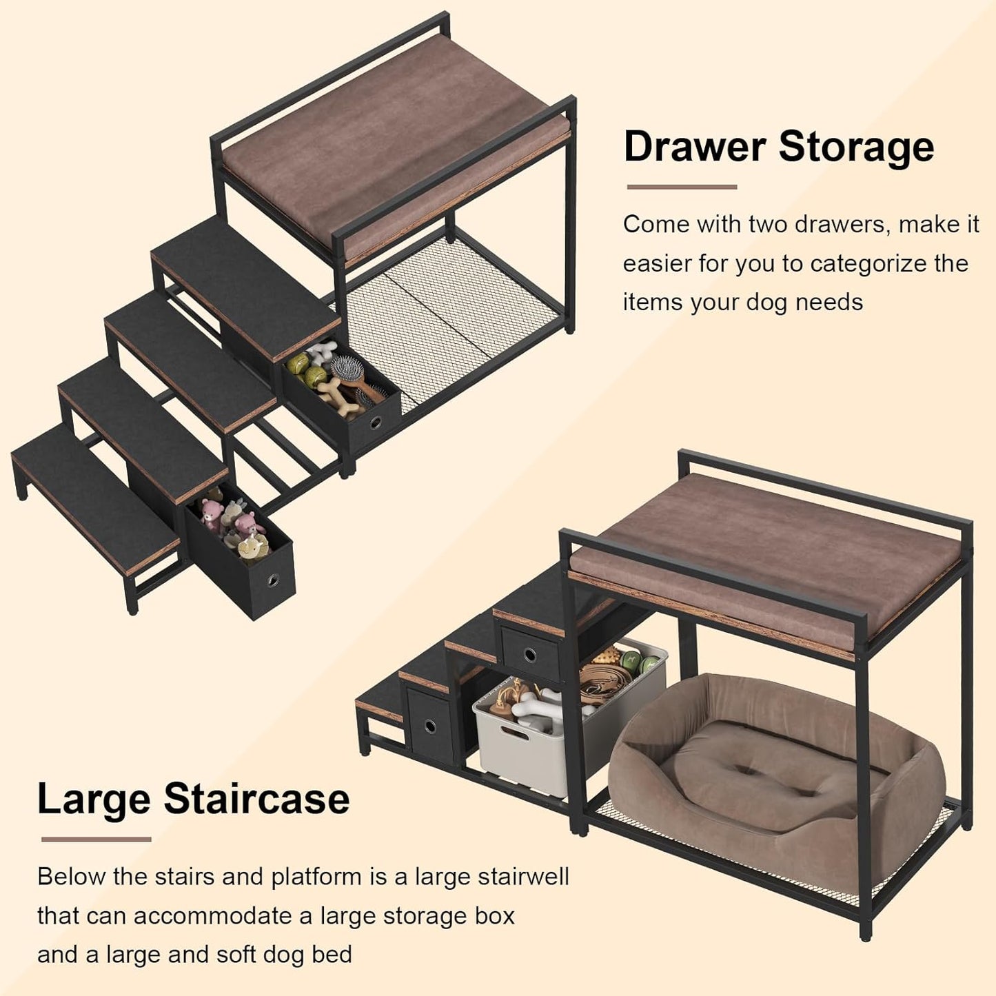 Pet Bunk Bed with Stairs and Storage for Dogs and Cats Multi-Level Elevated Lounge