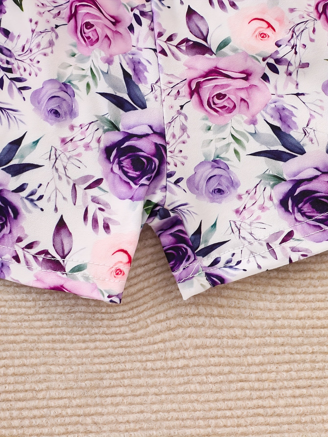 Ten-Piece Set of Girls' Casual Style Purple, Pink, And Red Rose with Yellow Sunflower Print Soft Knit Fabric Flyaway Sleeve Bow Top And Shorts Outfit