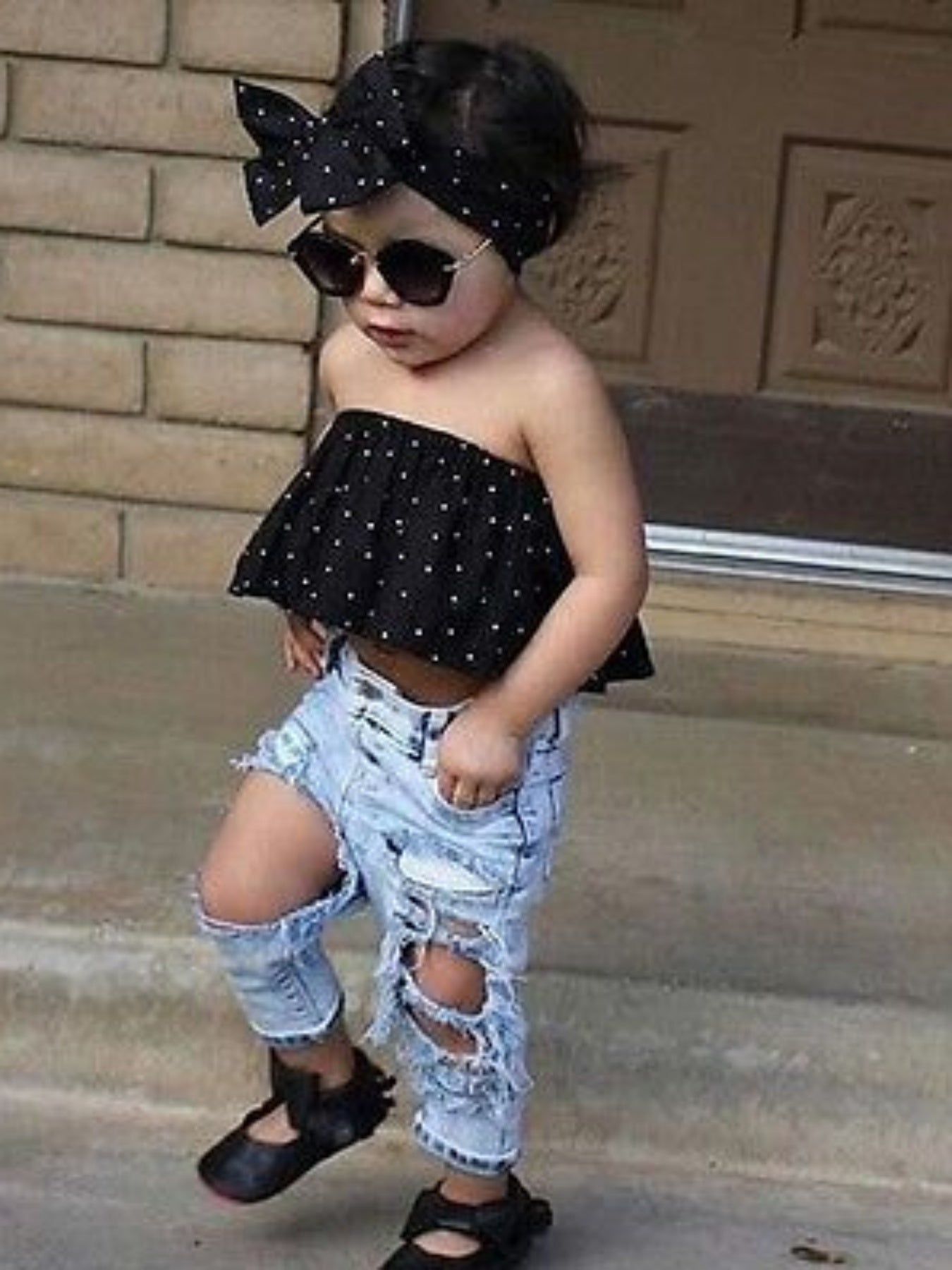Infant Baby Girls Off Shoulder Wave Point Top Ripped Jeans and Bow Headband Outfit