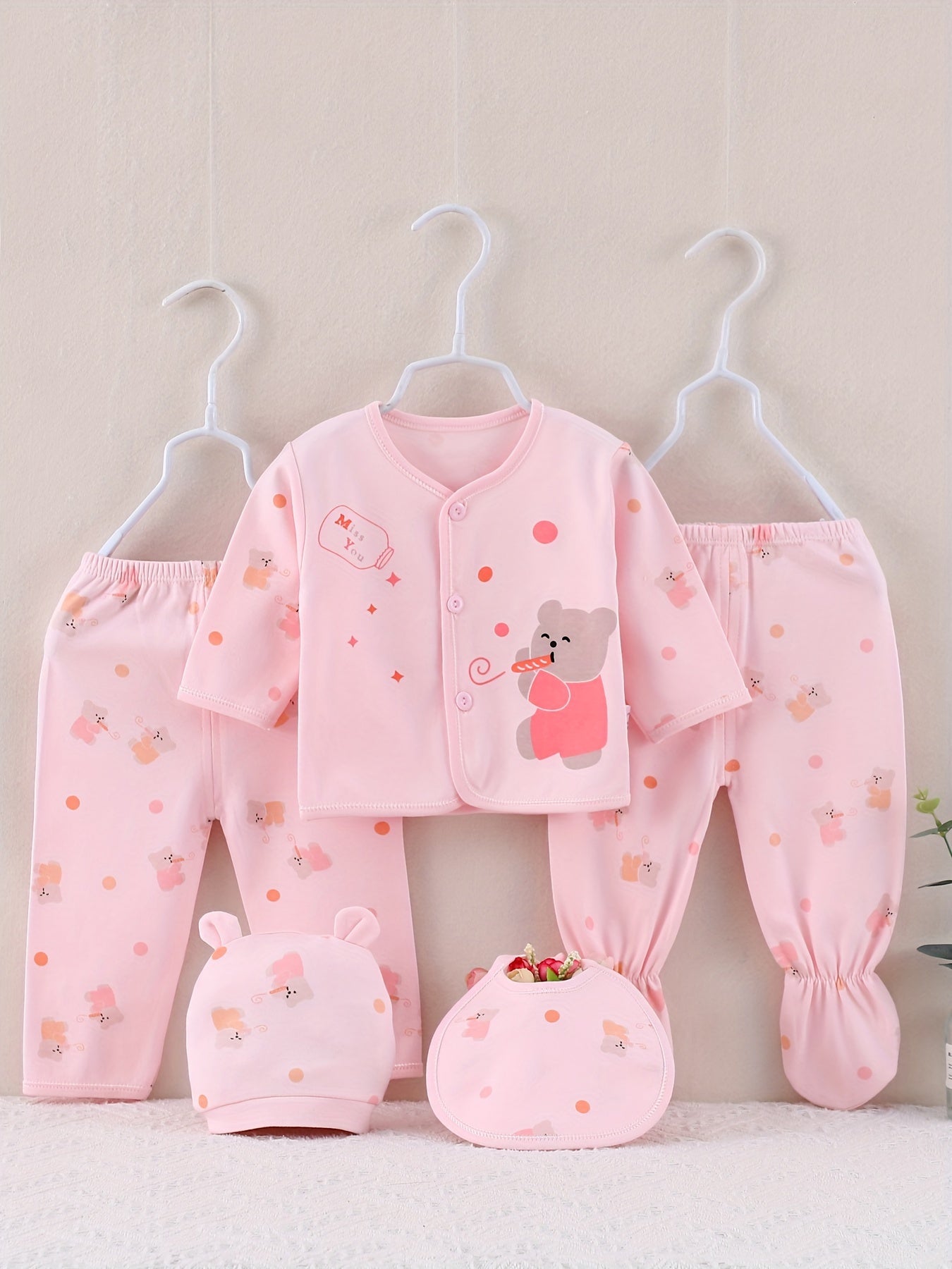 5pcs Newborn Set, Baby Autumn Pure Cotton Clothes, Cute Elephant Print, 0.0-9.84ft, with Clothes, Underwear, Hat, and Bandana Set, for Gift Giving, for Outdoor, Perfect for Outdoor