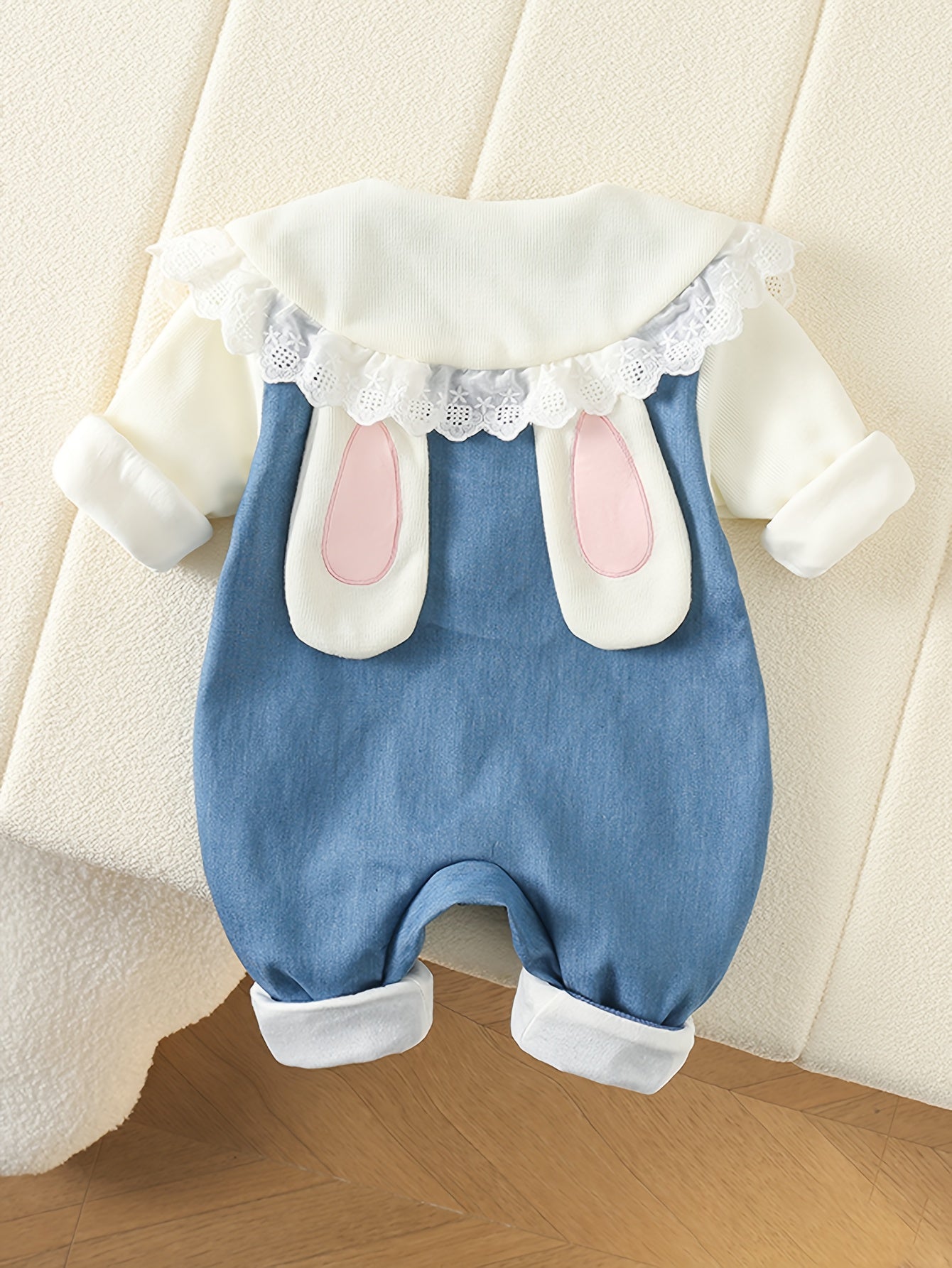 Cute Bunny Baby Girl Bodysuit Denim Lace Trim Long Sleeve