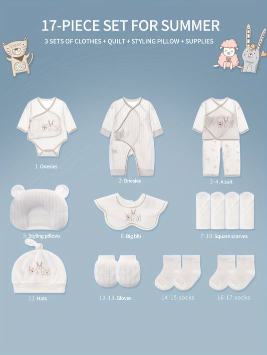 Baby Angel White Bodysuit Set, Four-Season Pure Cotton + Full Newborn Essentials, Includes 5 Outfits, Hat, Swaddle Blanket, Pillow, Gloves, Washcloths, And Socks - Perfect Newborn Gift, for Outdoor