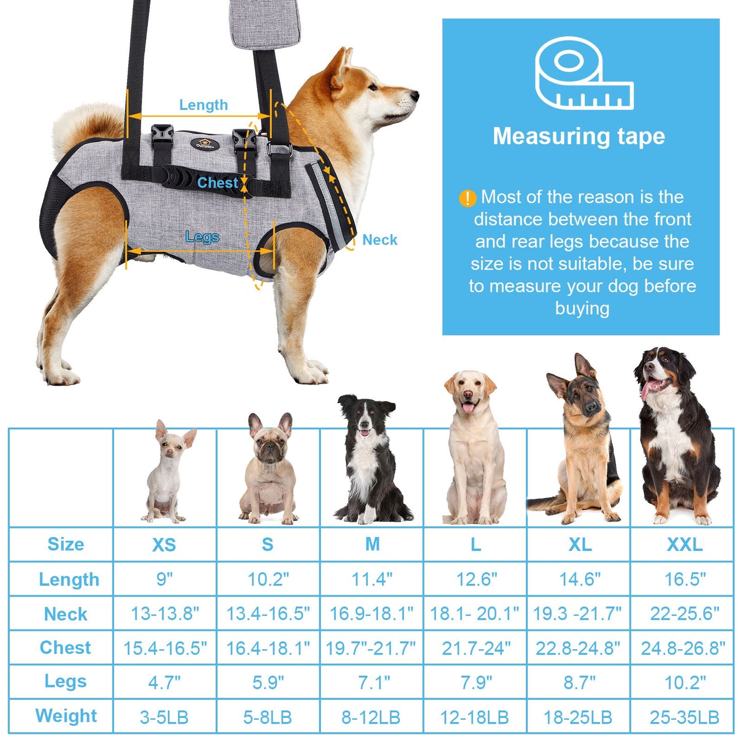 Ownpets S/M/L Size Dog Sling Harness, Outdoor Sling Bag for Spine Protection, Whole Body Support, Support Vest to Assist Aged Dogs Outdoor