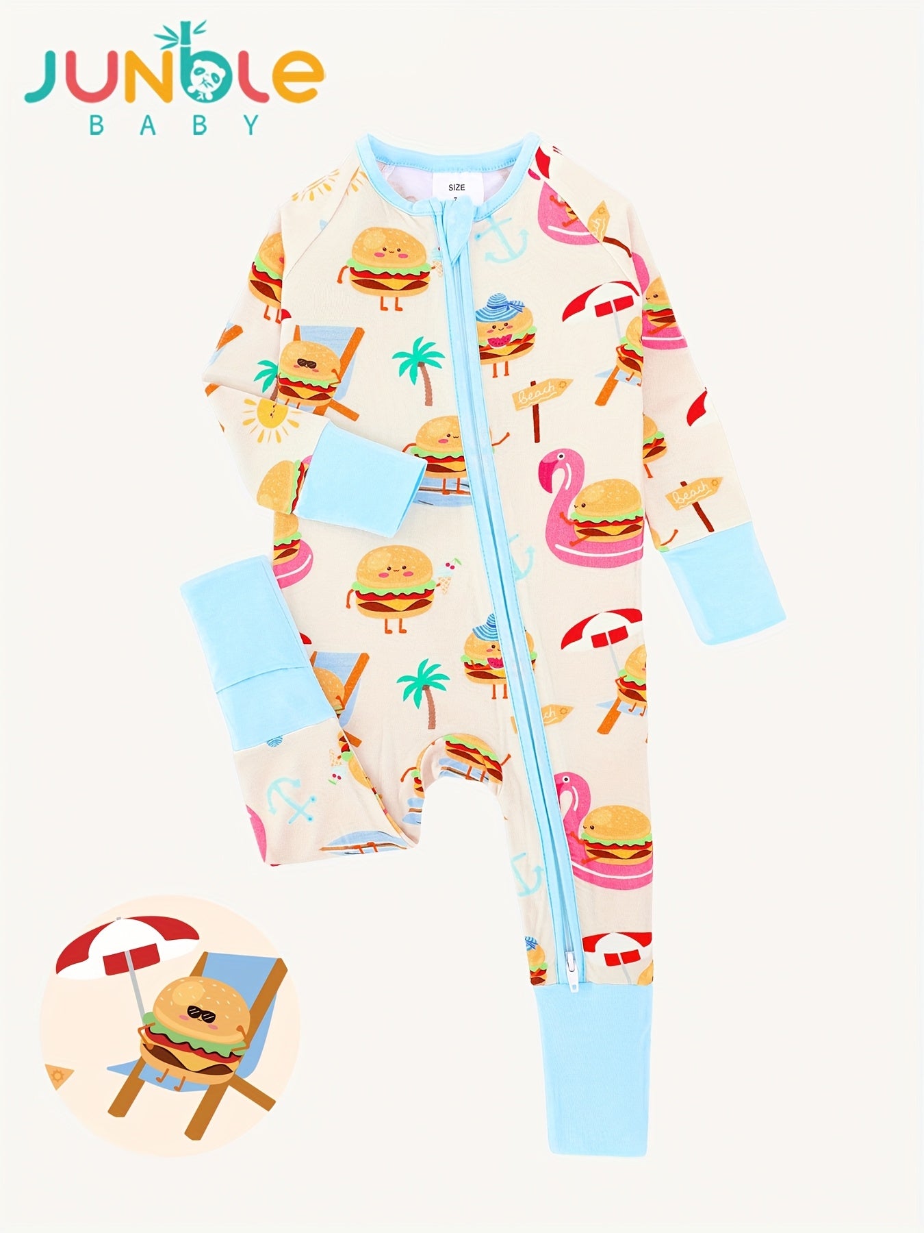 JUNBLEBABY Bamboo Fiber Long Sleeve Zipper Onesie - Soft & Comfortable - Summer Burger & Beach Print - Ideal for Outdoor Wear, Machine Washable