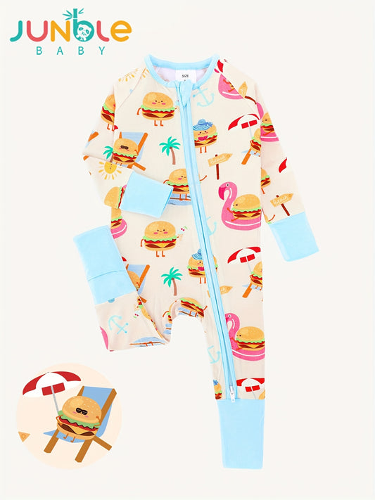 JUNBLEBABY Bamboo Fiber Long Sleeve Zipper Onesie - Soft & Comfortable - Summer Burger & Beach Print - Ideal for Outdoor Wear, Machine Washable