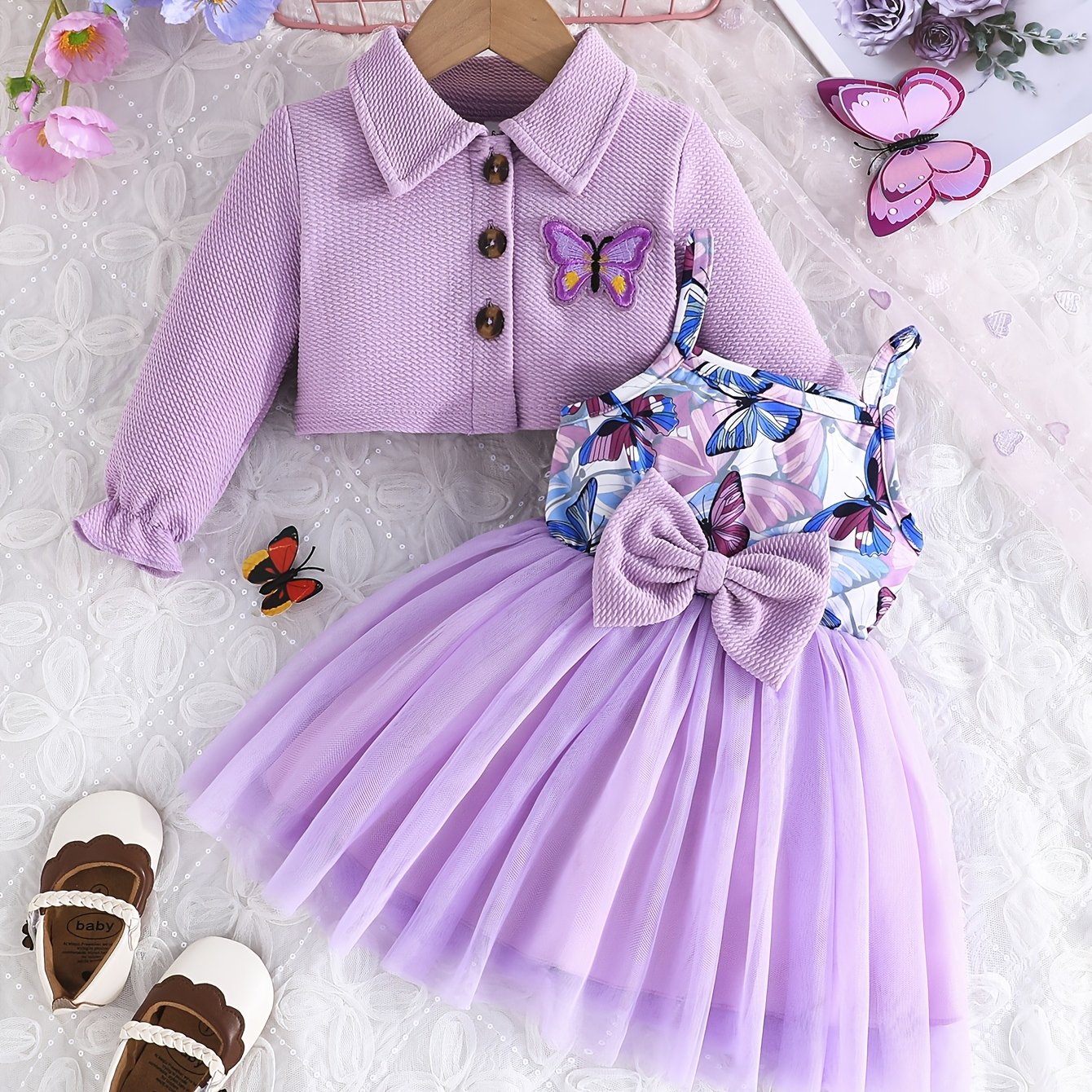 2pcs Toddler Girl Butterfly Outfit: Bee Sleeveless Suspenders Dress & Long Sleeve Cardigan, Spring/Fall Set for Playdate, Photos (0-3 Years), Perfect for Outdoor