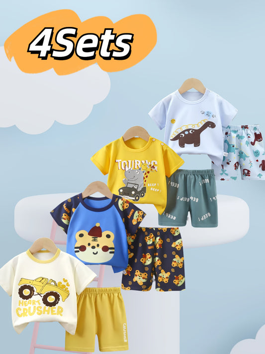 HappyKid Short-Sleeved Boys Suits – Comfortable Cotton with Fun Animal and Car Prints