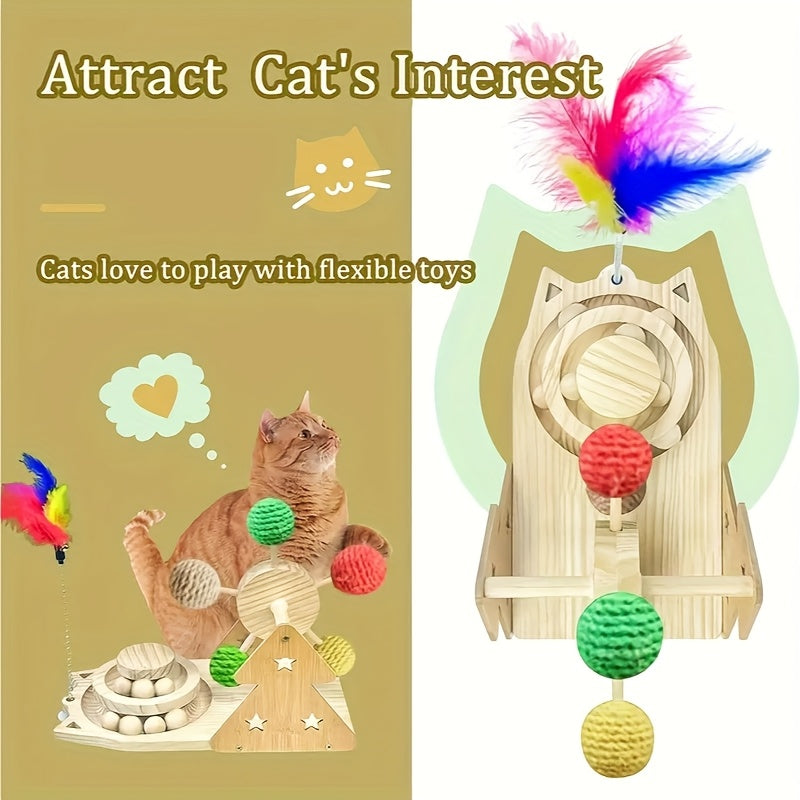 Multifunctional Cat Carousel Puzzle Toy with Sisal Ball and Solid Wood Base