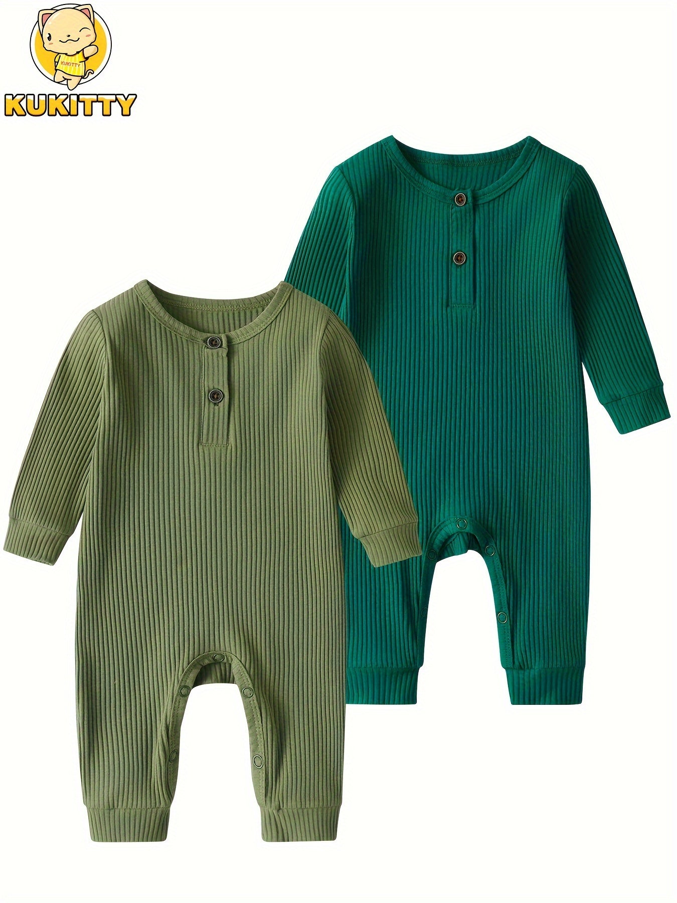 KuKitty Baby Boy Girl 2 Pcs Long Sleeve Solid Color Ribbed Romper Jumpsuit Outfits Clothes