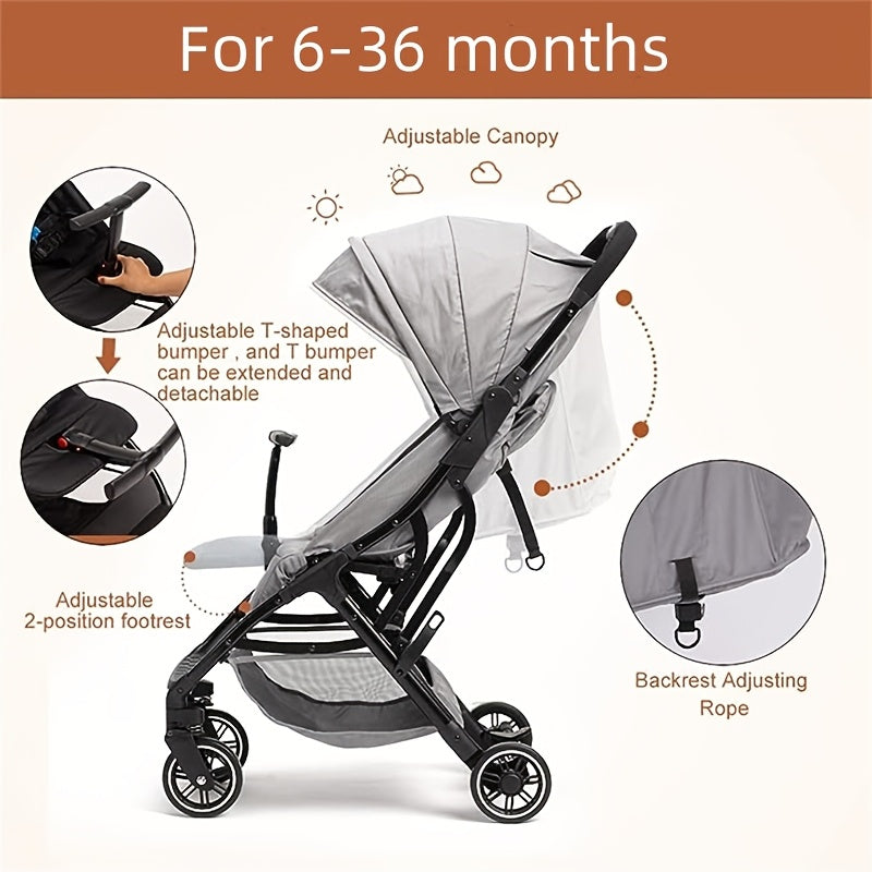 Compact Travel Stroller - Lightweight, One-Hand Folding, Adjustable Backrest & Footrest, Alloy Steel Frame, for Youngsters 6-36 Months