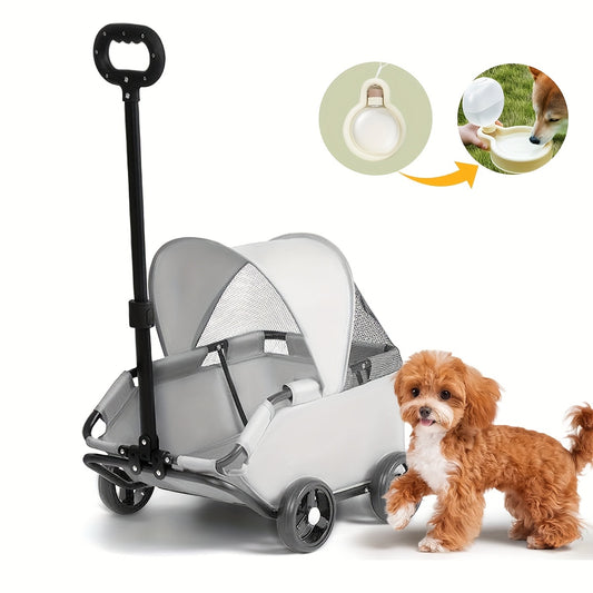 Heavy-Duty 4-Wheel Pet Stroller for Large Dogs, Small Pets, Cats - All-Season Foldable Carrier with Travel Water Bottle Holder, Removable Sunshade Canopy, Large Wheels for Rough Terrain - Durable Metal Frame & Oxford Fabric -