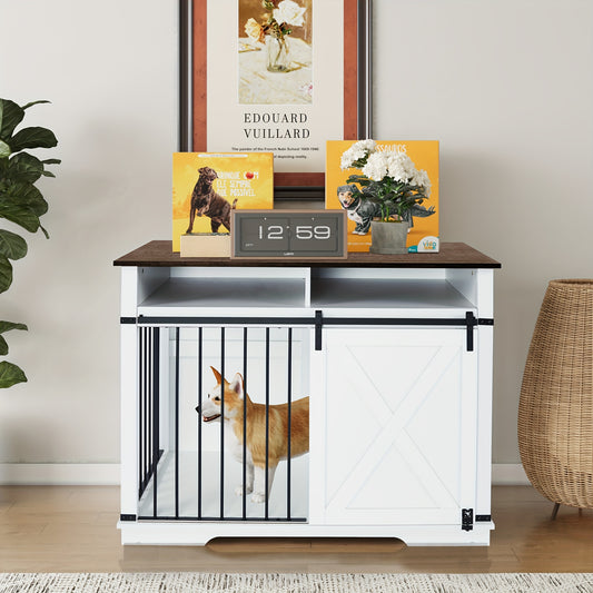 MIKIBAMA 47 Inch Solid Hardwood Dog Crate Furniture with Sliding Barn Door and Storage Drawer