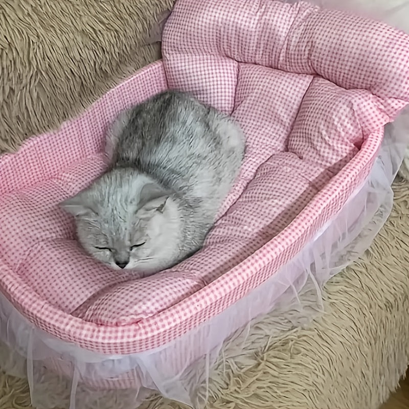 All Season Checkered Pet Bed for Dogs and Cats with Soft Plush Fabric and Ruffle Details