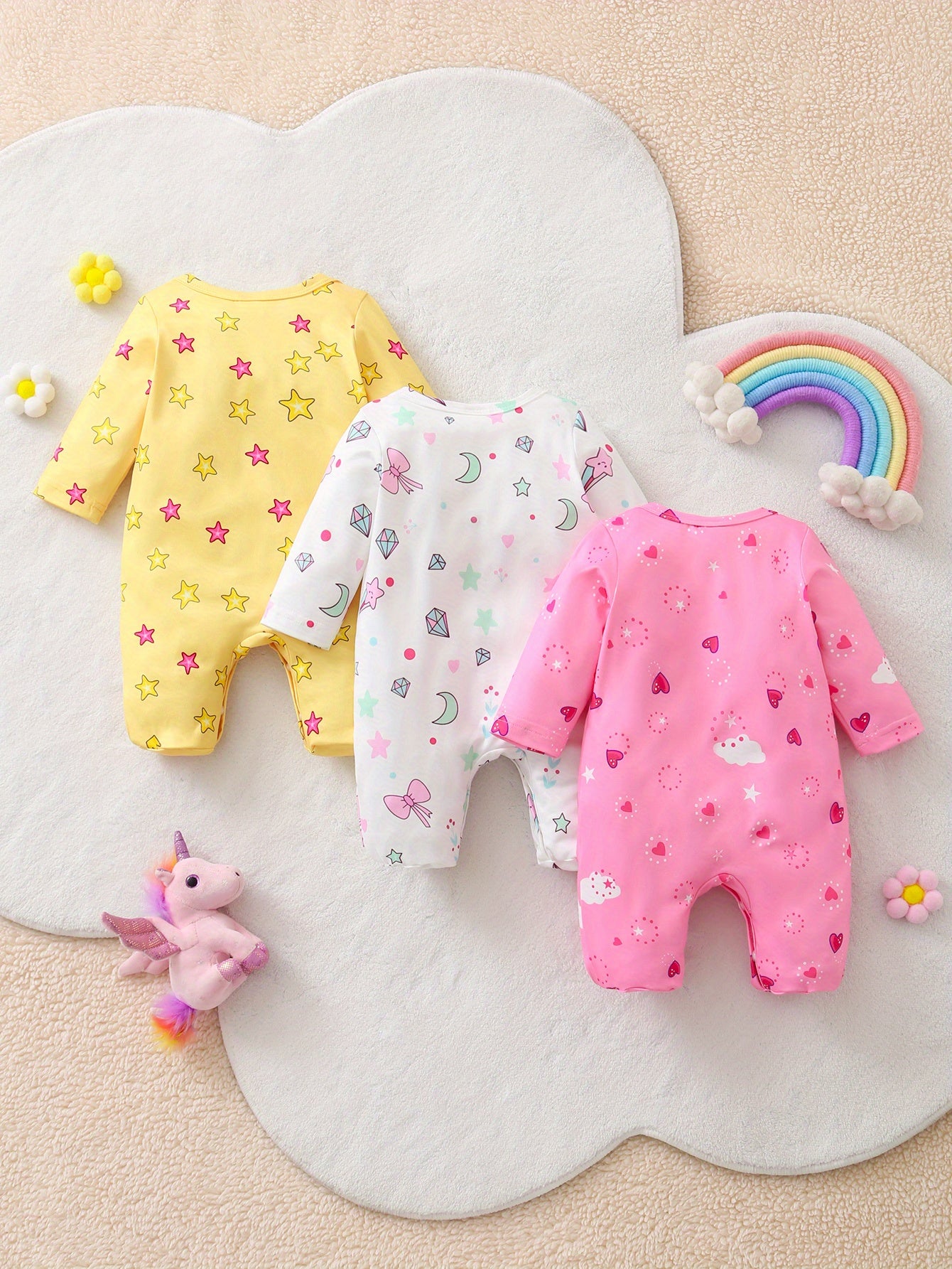 Unicorn Print Footed Romper Set For Baby Girls Three Pack