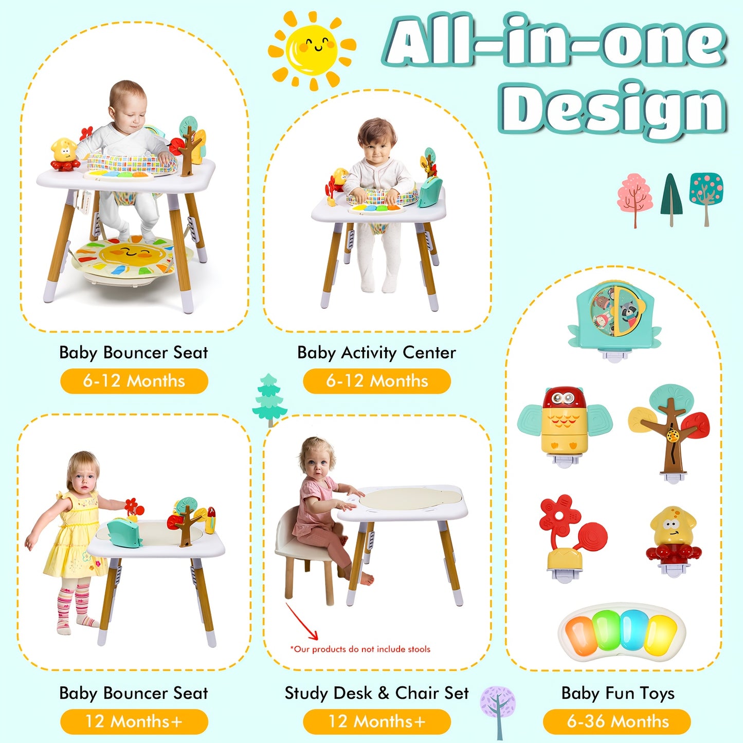 White Baby Activity Center With Five Interactive Toys Adjustable Height Levels Foldable Music Jumper Cushioned Surface