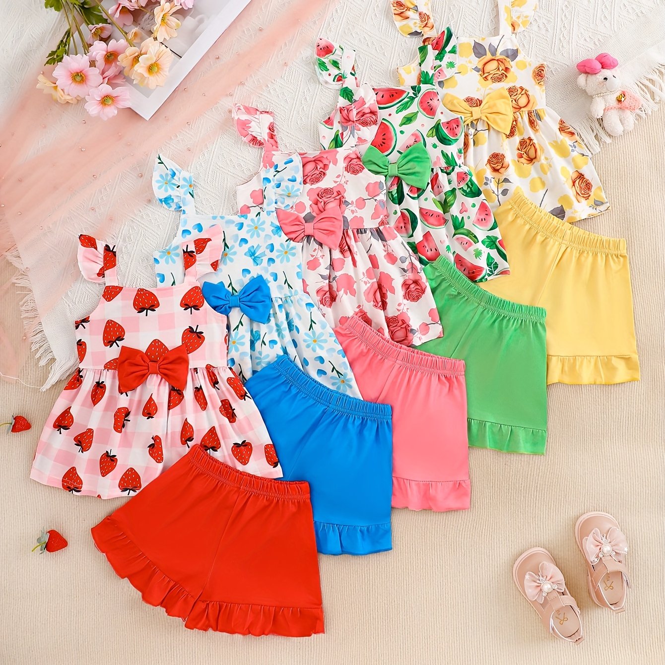 Ten-Pack Girls' Casual Style Red Strawberry, Blue Heart Bowknot, Pink Rose Print Pattern Soft Stretch Knit Fabric, Vest Skirt Shorts Set, for Outdoor