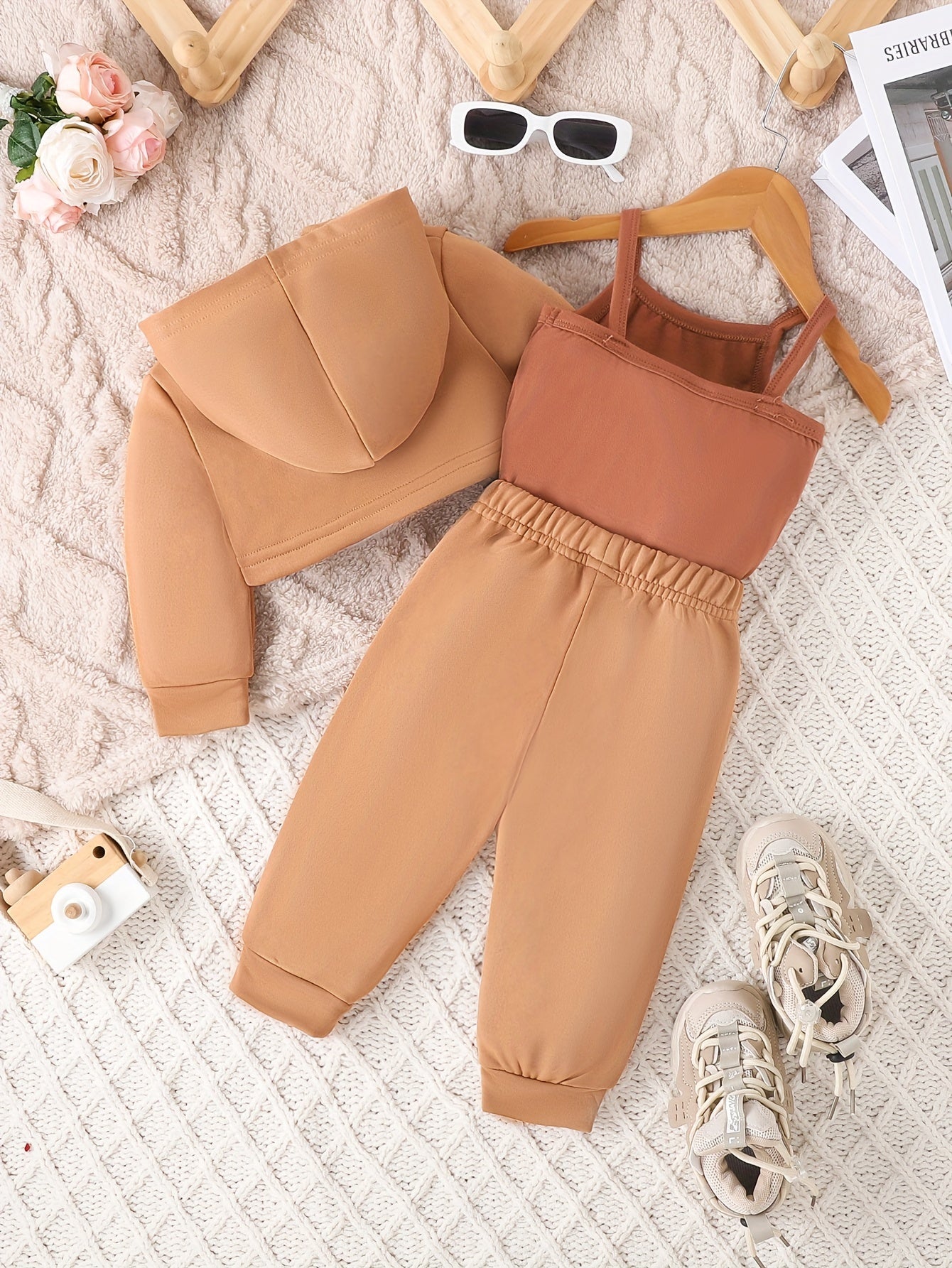 3PCS Baby Girl's Daddy's Mini Print Hoodie Cami Top Casual Pants Outdoor Set for Fall Winter