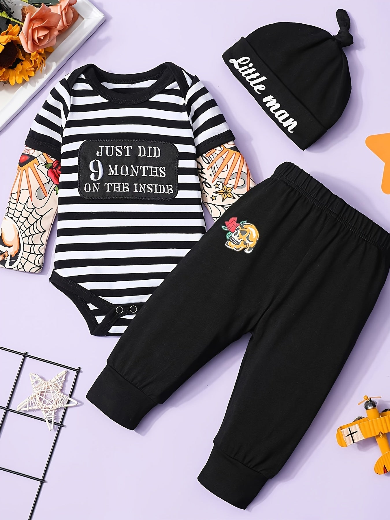 Newborn Baby Boy Tattoo Print Striped Romper Set With Black Pants Three Piece Outfit