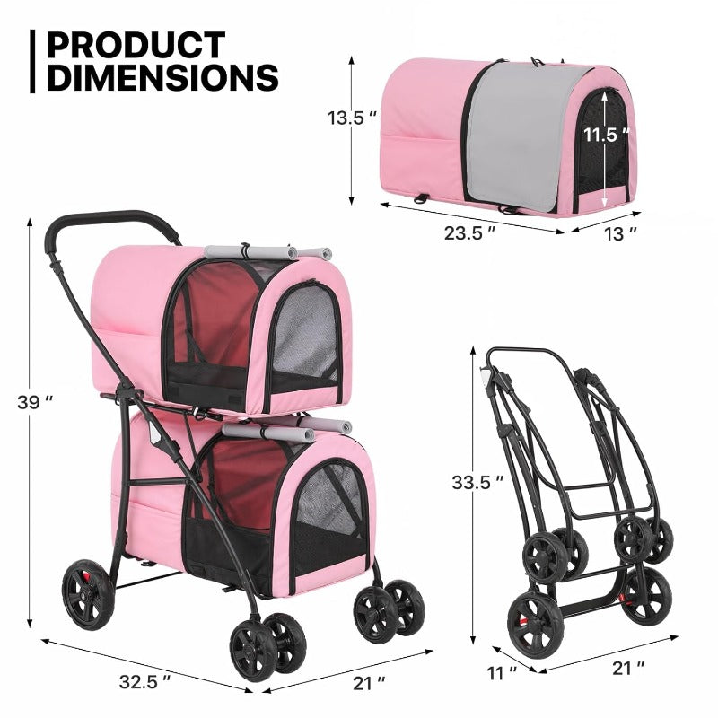 Double Dog Stroller with Detachable Carrier Bags Large 4 Wheels Foldable Jogger for Small and Medium Dog Cats
