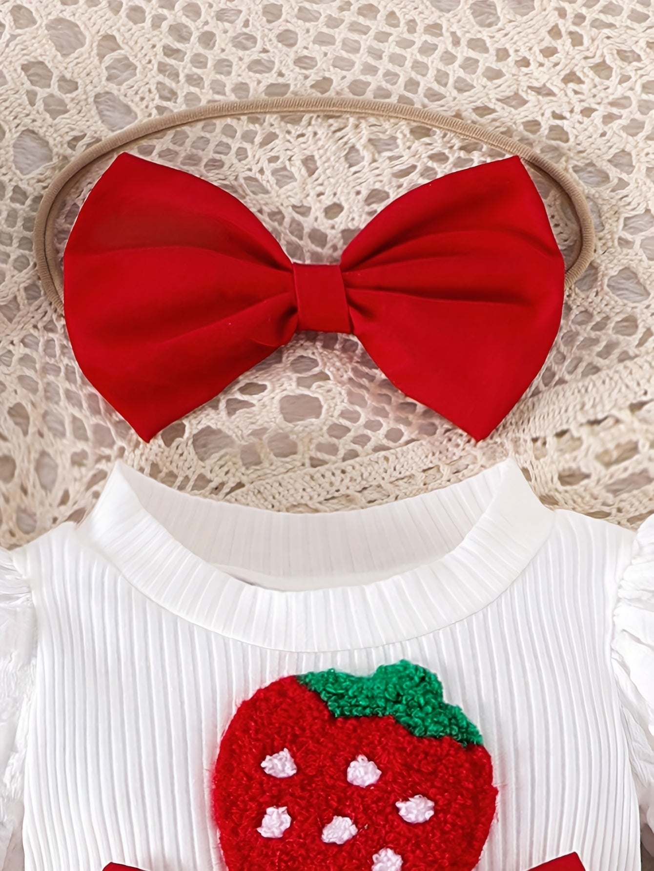 Four Piece Baby Girl Strawberry Embroidered Bow Romper Set With Headband And Socks