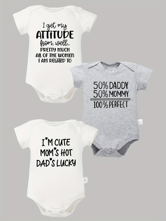 3pcs 100 Percent Cotton Baby Onesies with Fun Letter Print for Outdoor Play