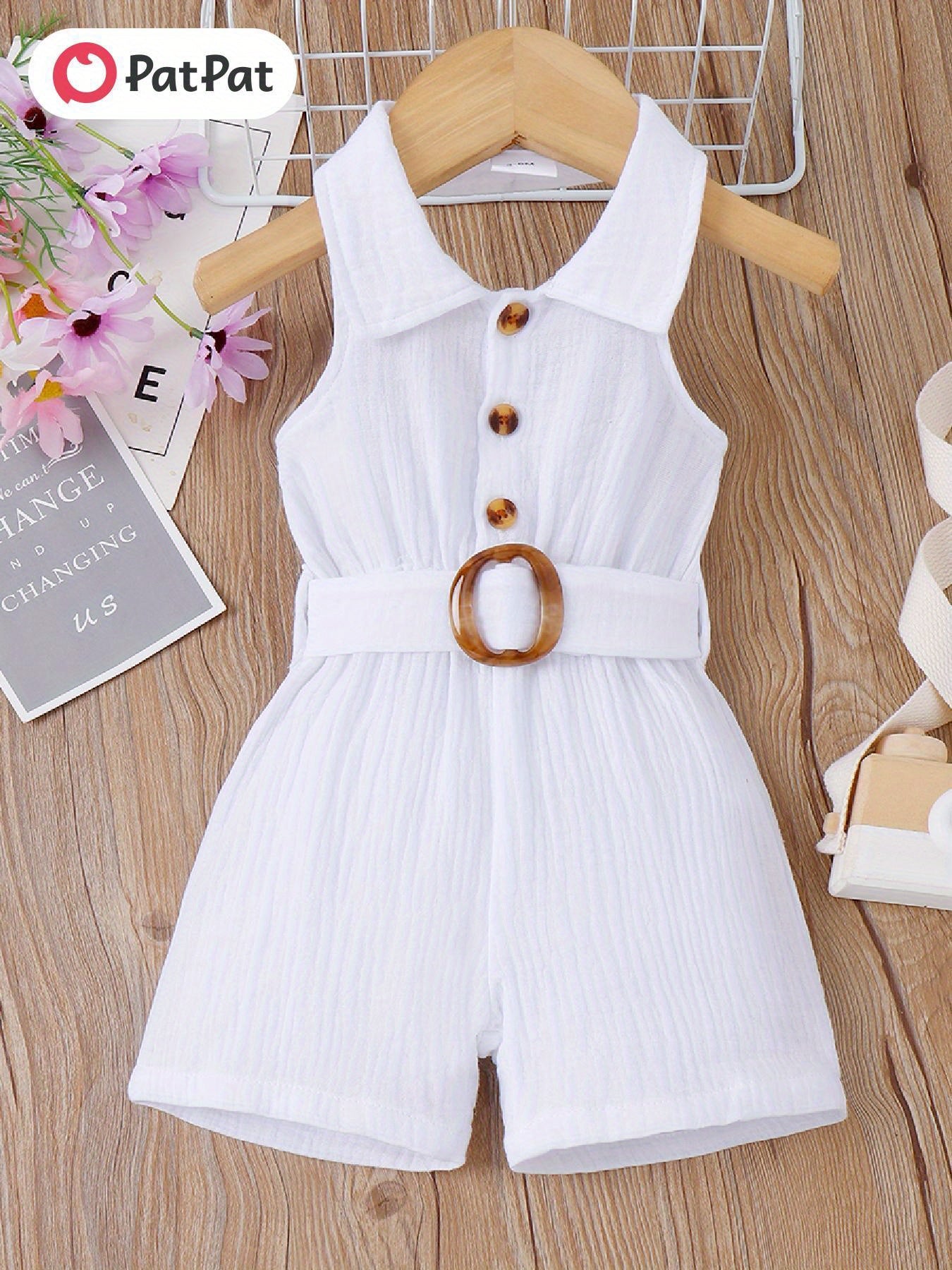 PatPat Baby Girl Front Buttons Belted Lapel Neck Strappy Ribbed Summer Backless Jumpsuits, for Outdoor