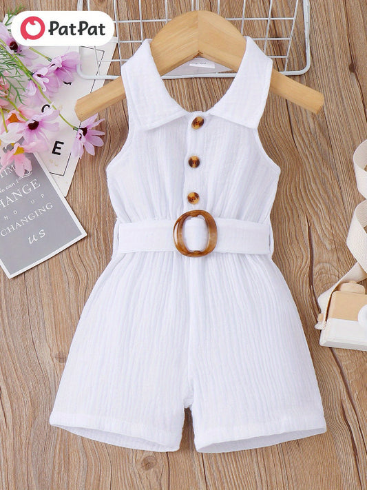PatPat Baby Girl Front Buttons Belted Lapel Neck Strappy Ribbed Summer Backless Jumpsuits, for Outdoor