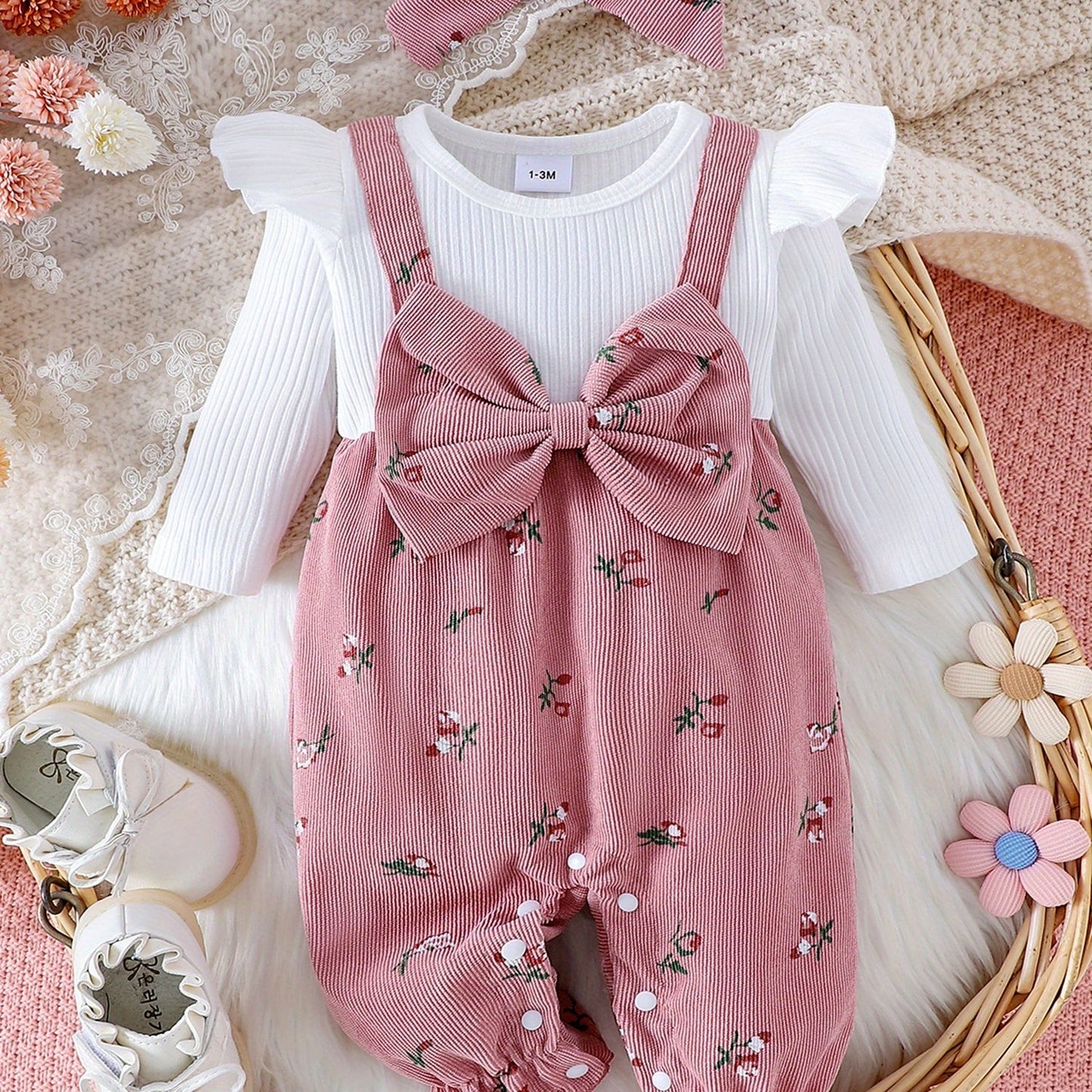 Infant Girls Floral Long Sleeve Romper Set With Headband