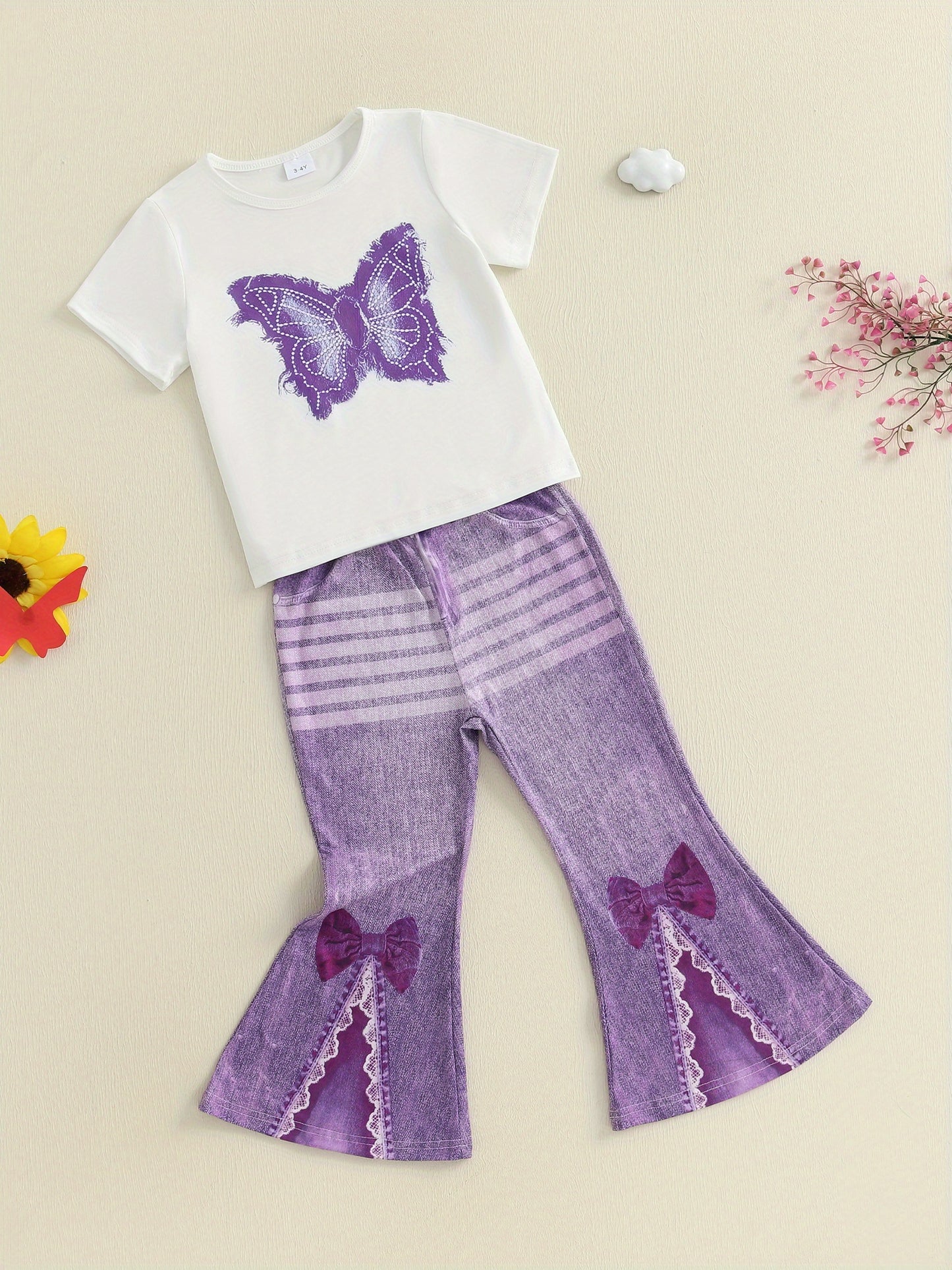 Little Toddler Girl Summer Outfit Butterfly Pattern Crew Neck Short Sleeve T-Shirt and Denim Bell Bottoms 2pcs Set, Perfect for Outdoor