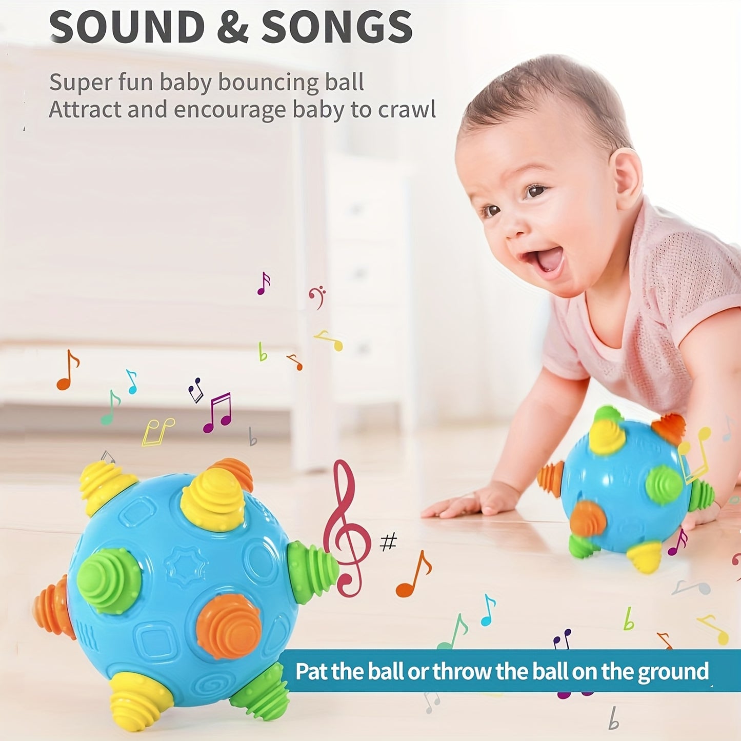 Colorful Interactive Musical Shake Ball Toy for Kids Blue with Yellow and Green Textures