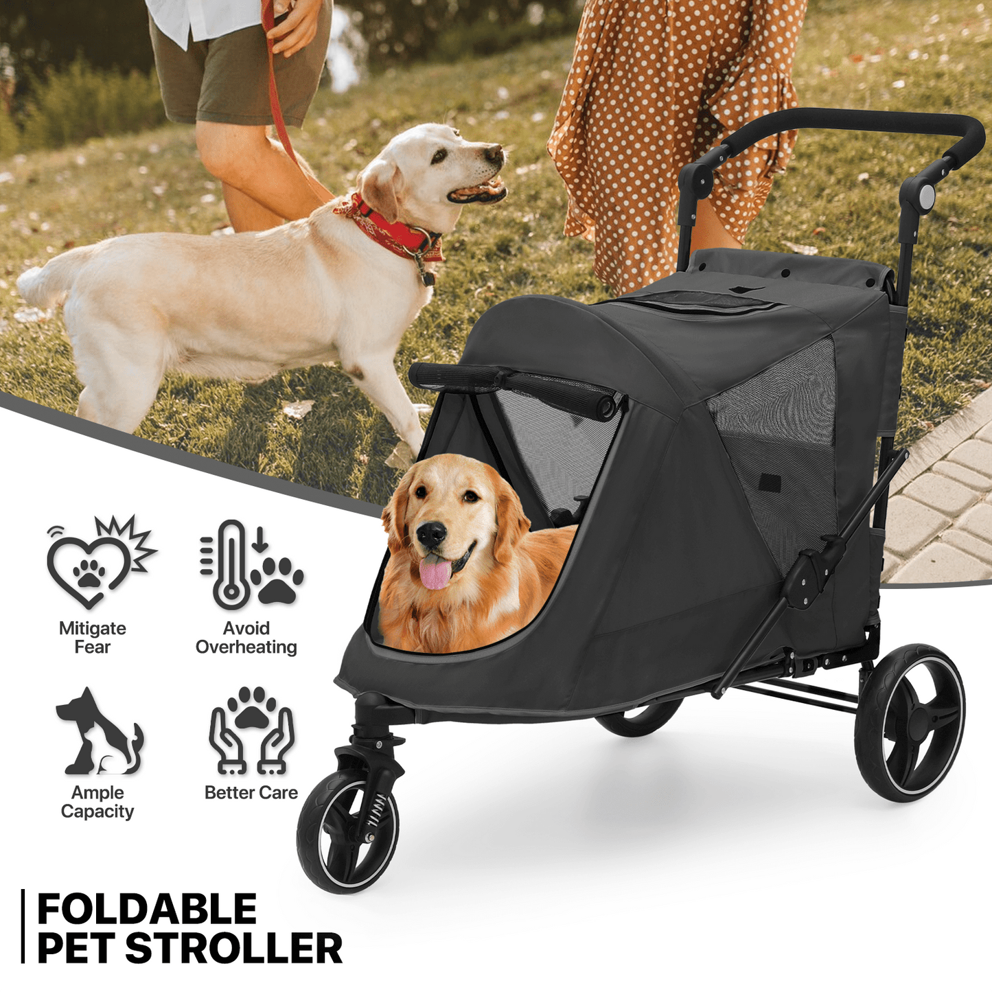 MoNiBloom Pet Stroller for Large Dogs or Multiple Dogs Cats with Adjustable Handle, 3-Wheels Dual Entry Portable Dog Carting Easy Folding Pet Wagon Double Dog Stroller