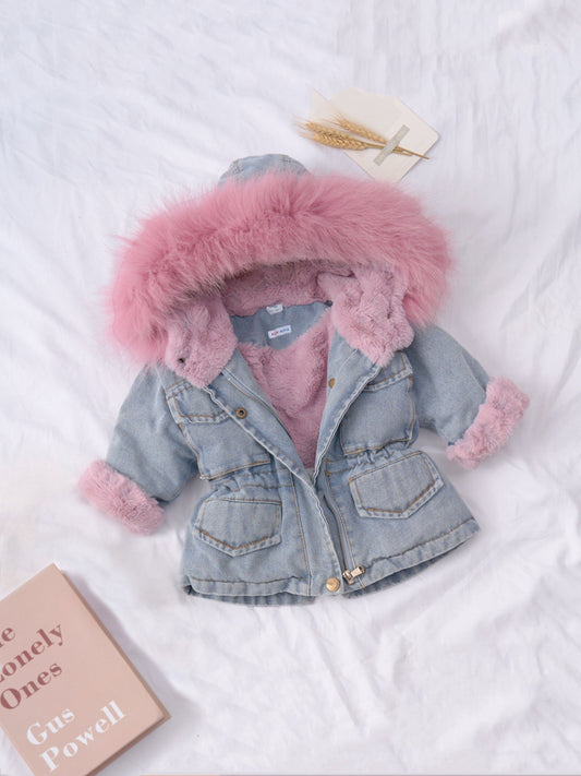 Holly Brand Oversized Denim Fur Hooded Winter Coat Jacket for Women Warm and Cozy