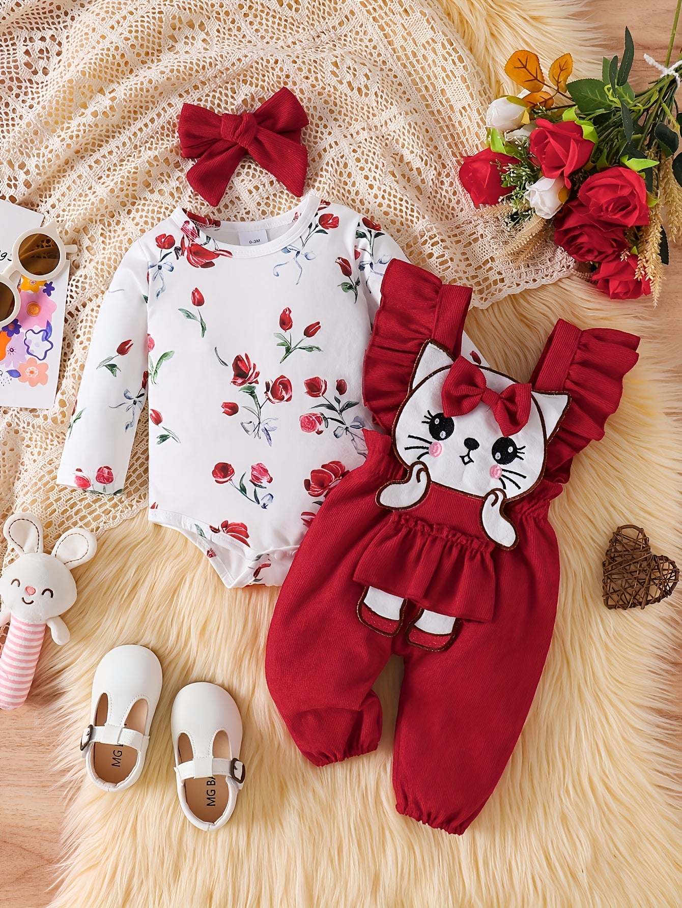 Three Piece Baby Girls Outfit Set With Floral Long Sleeve Romper Kitten Patch Jumpsuit Matching Headband Spring Autumn