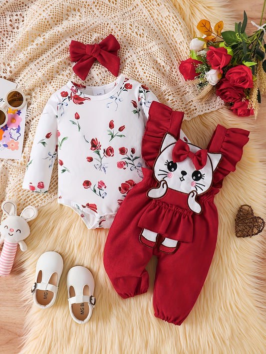 Three Piece Baby Girls Outfit Set With Floral Long Sleeve Romper Kitten Patch Jumpsuit Matching Headband Spring Autumn