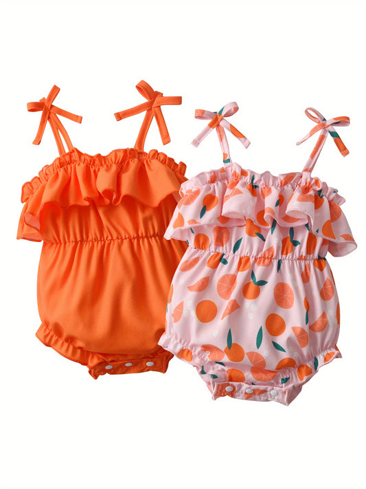 2pcs Newborn Baby Girls Rompers - Sleeveless Ruffled Bodysuits with Orange & Pink Polka Dot & Citrus Fruit Print, Soft Breathable Summer Outfits, Machine Washable Daily Wear, Baby Girl Outfits, Comfortable Infant Clothing, Pl