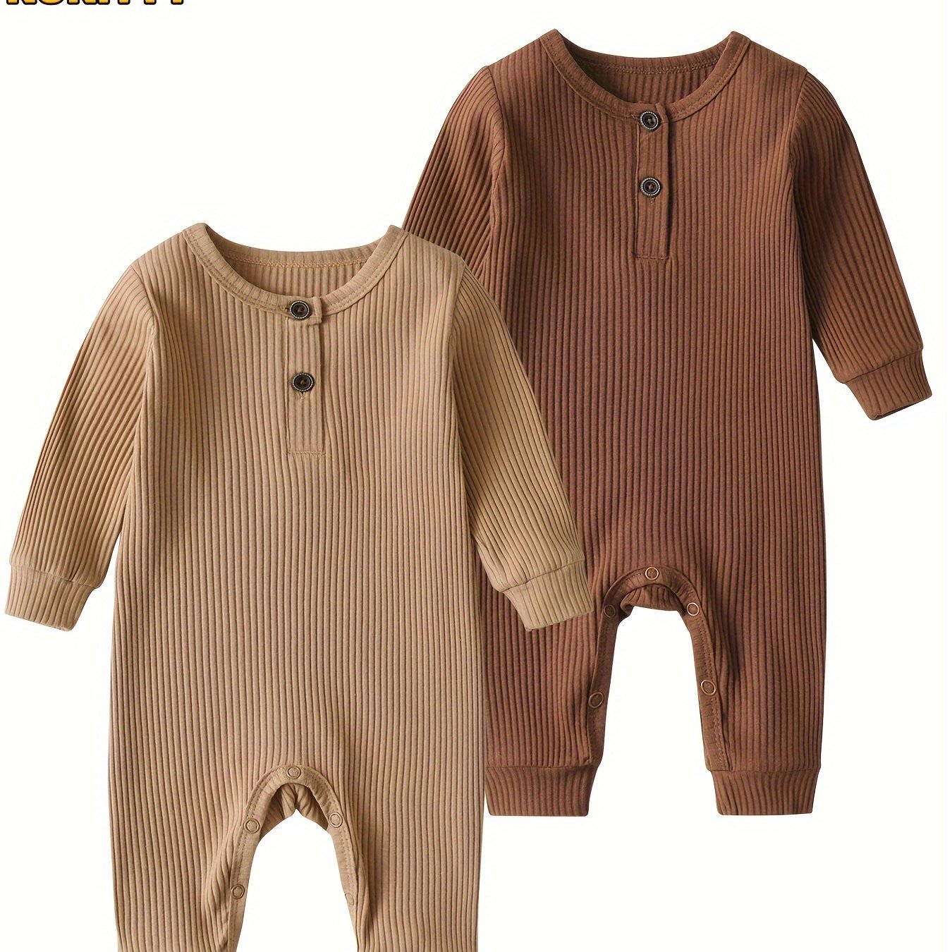 KuKitty Baby Boy Girl 2 Pcs Long Sleeve Solid Color Ribbed Romper Jumpsuit Outfits Clothes