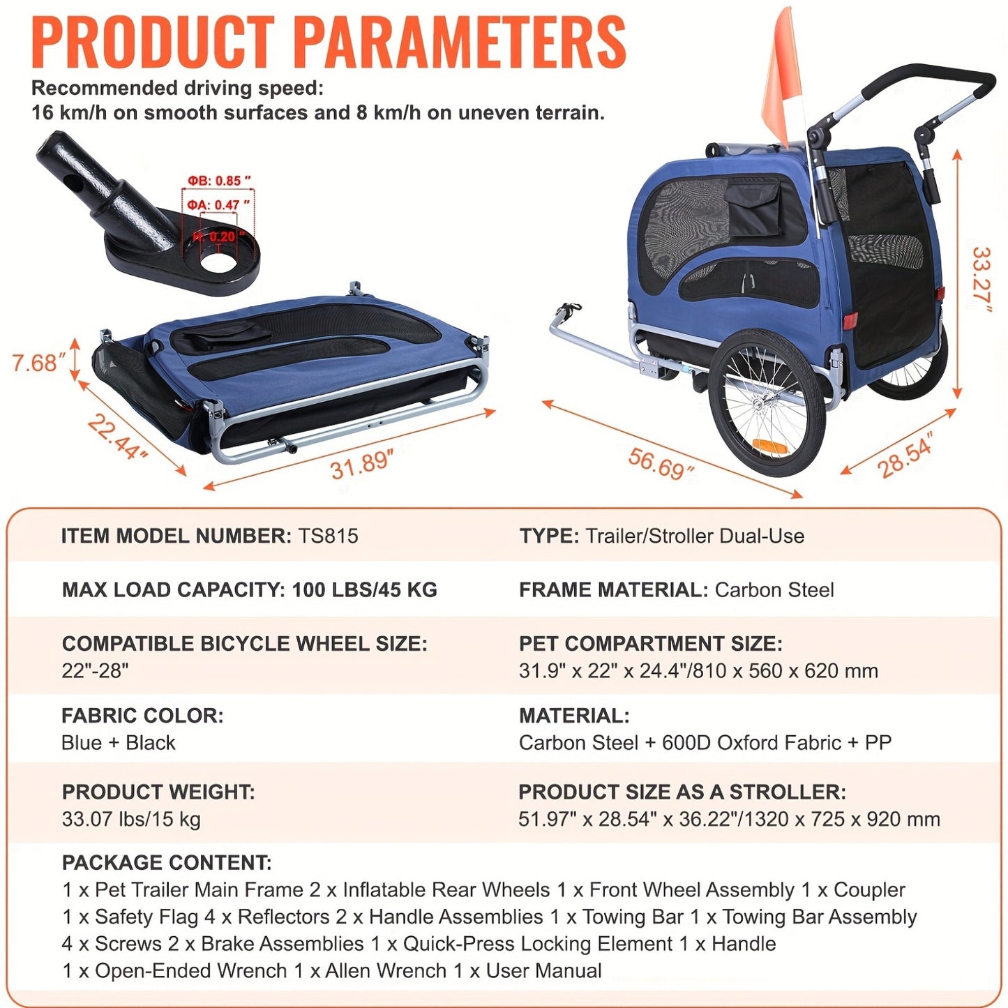 VEVOR 2 In 1 Dog Bike Trailer Stroller Carrier 100 Lbs