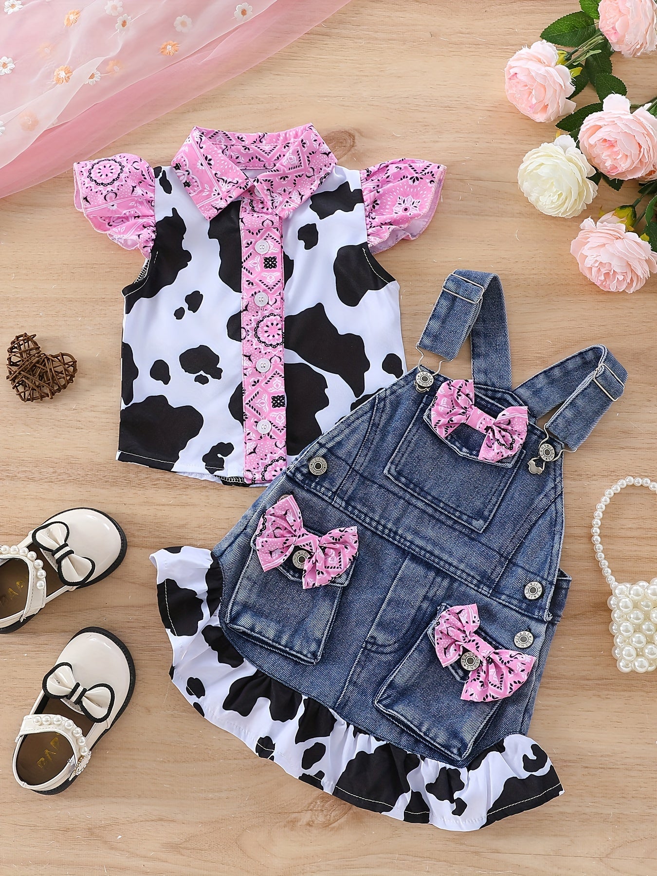 Adorable Girls' Cow Print Ruffle Sleeve Top & Denim Pocket Skirt Set - Machine Washable, Spring/Summer Collection, Children's Set, Cow Print, Leaf Edge, Denim Skirt, Perfect for Outdoor