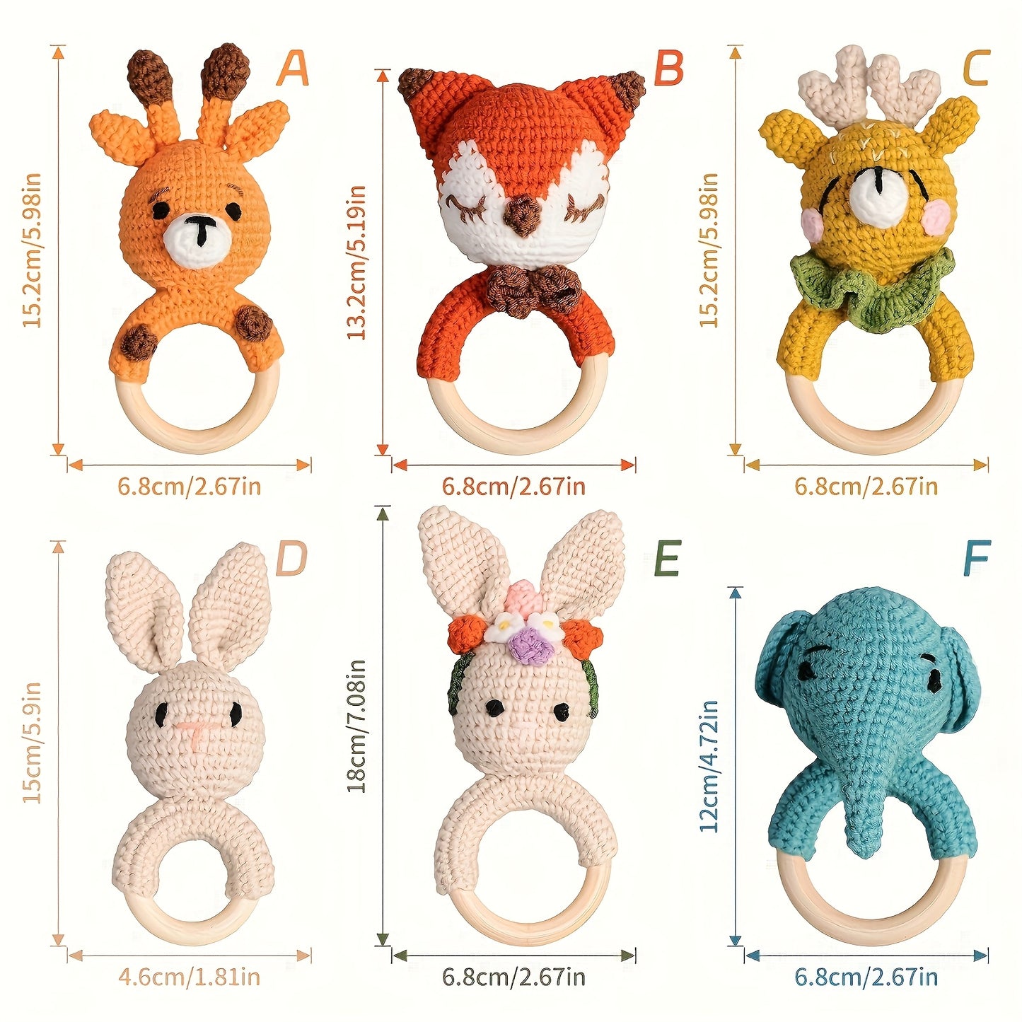 A Set of 6 Rattles Featuring Animal Figurines Including an Elephant, a Moose, a Fox, a Rabbit, And a Deer. These Handcrafted Crochet Decorations Are Perfect for Festive Parties And Suitable for Babies And Children, Making The