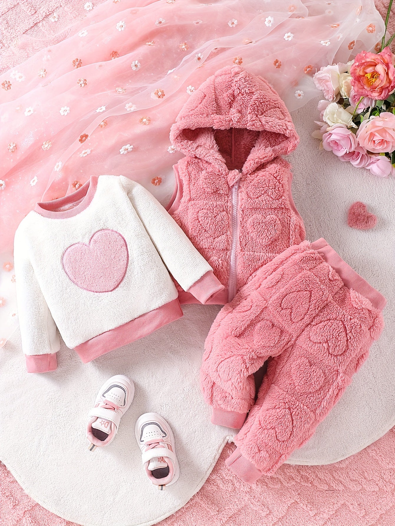 3pcs Girls And Babies Fashionable Plush Hooded Vest Top And Cuffed Trousers Set