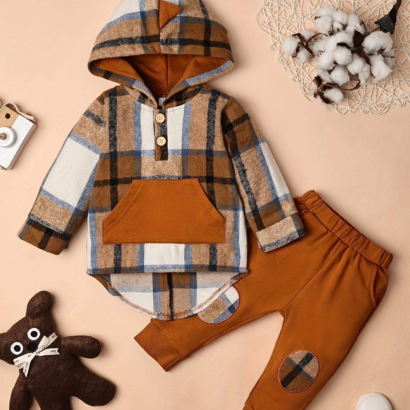 Toddler Boy Plaid Dinosaur Hoodie and Pants Set for Fall and Winter Ages 6 Months to 5 Years