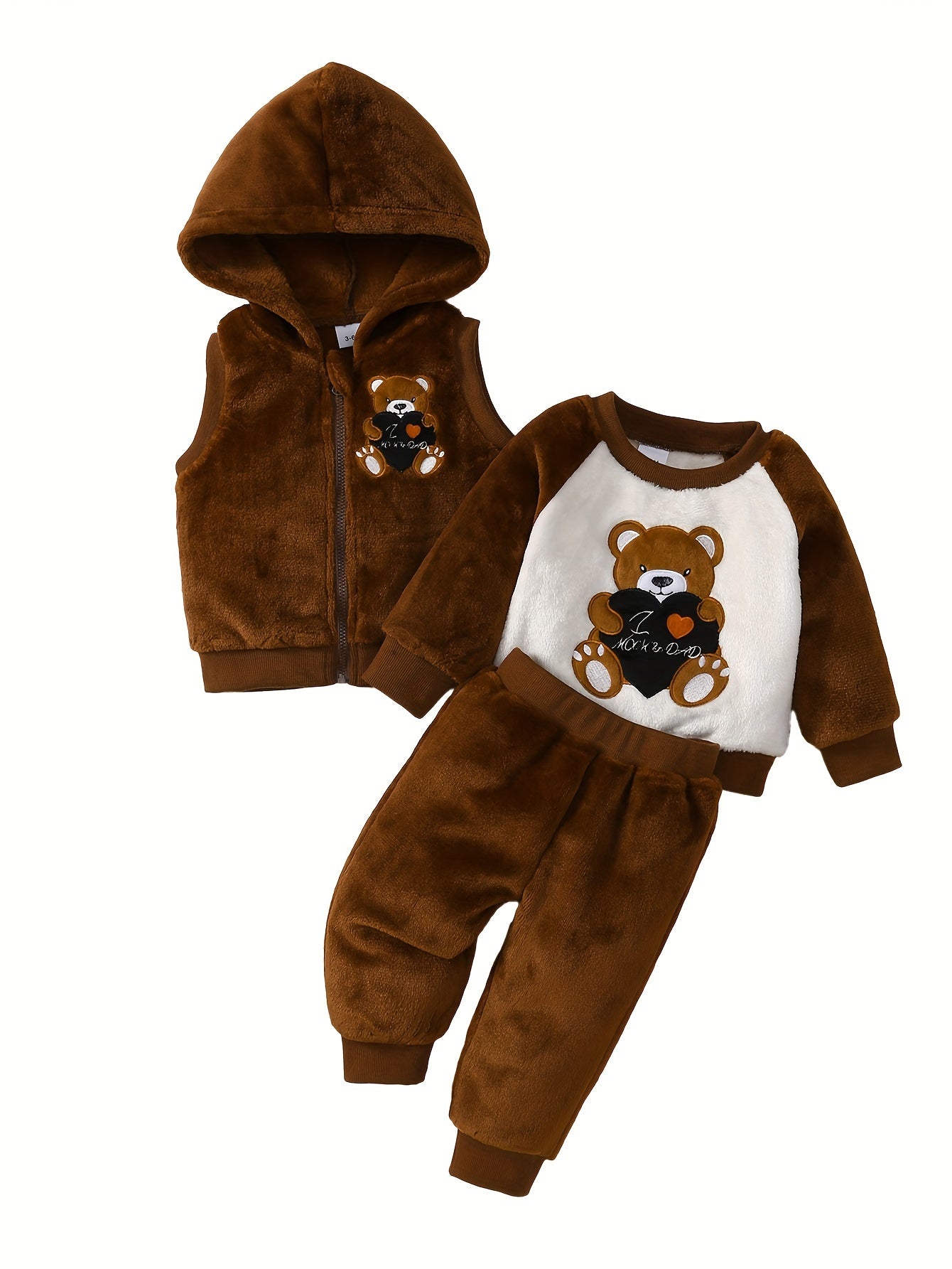 3 Piece Baby Boy Winter Outfit Set With Teddy Bear Embroidery Hooded Zipper Jacket And Flannel Pants