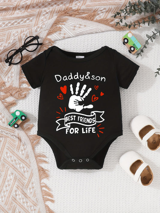 Soft Cotton Baby Onesie - Daddy's Best Buddy & Handprint Design, Black Short Sleeve Round Neck Romper with Snap Closures, All-Season Comfort for Boys & Girls, Machine Washable Playful Casual Outfit, Easy Diaper Change | Heart