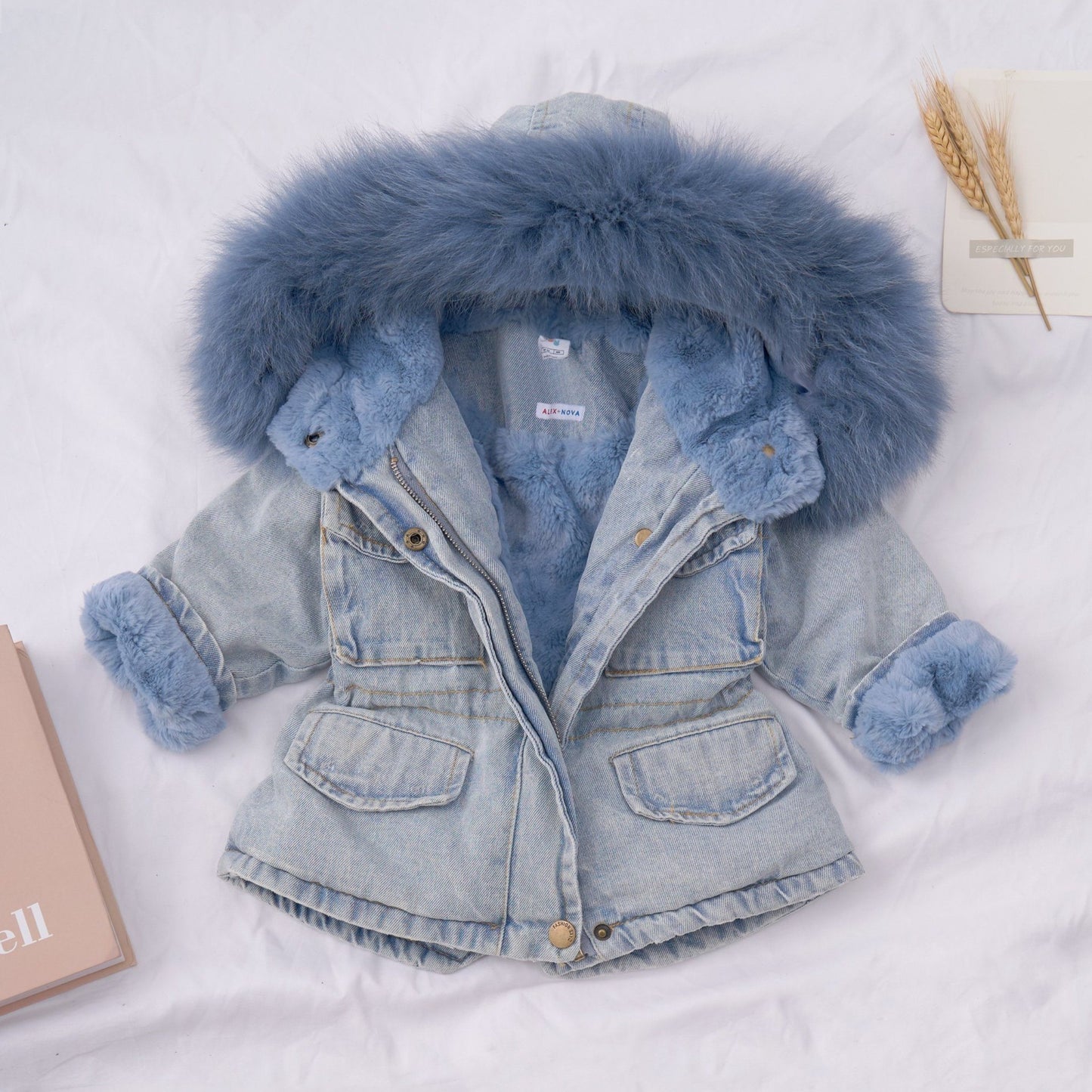 Holly Brand Oversized Denim Fur Hooded Winter Coat Jacket for Women Warm and Cozy