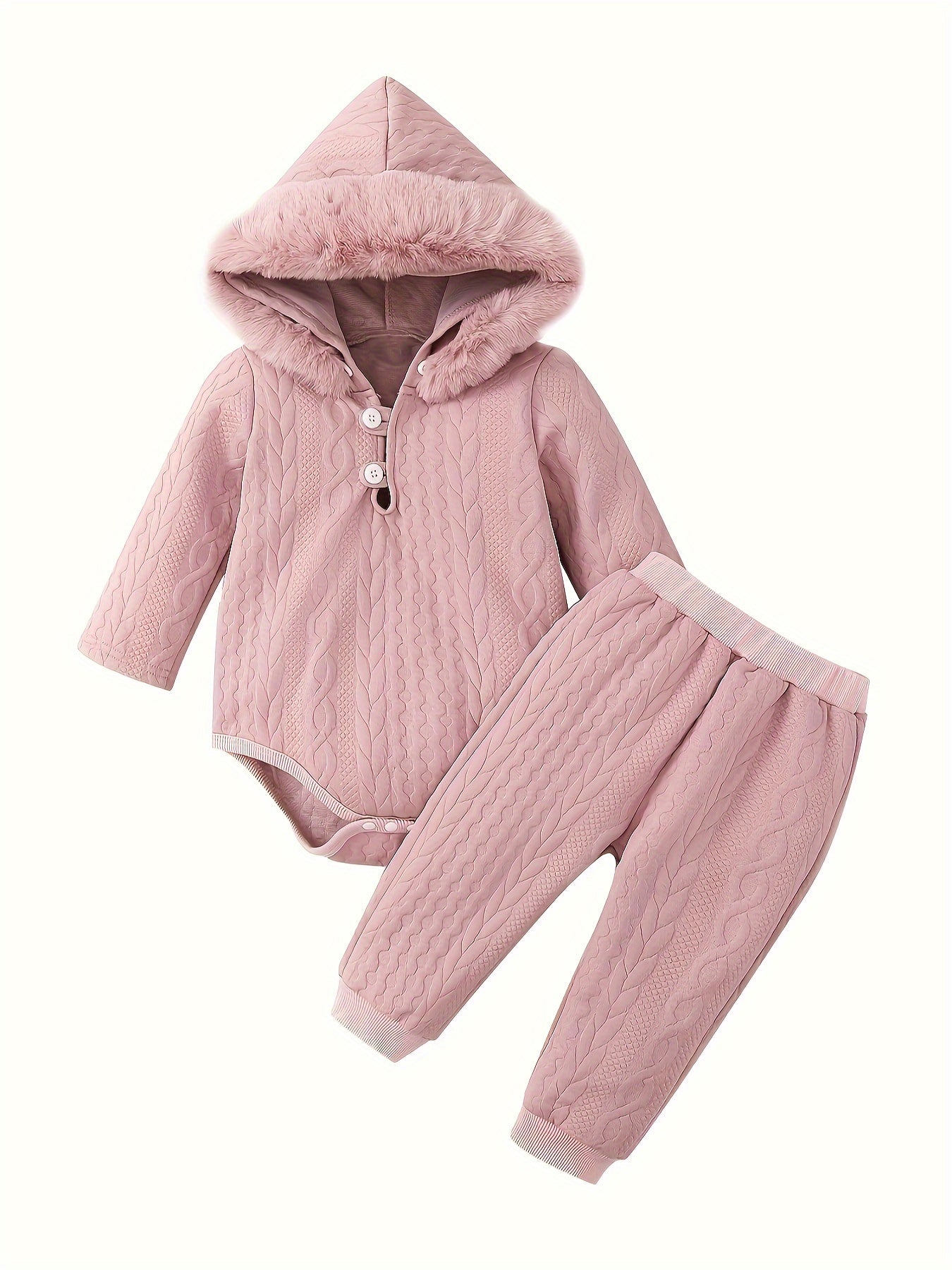 MinKidFashion Cozy Girls' Hooded Long Sleeve Romper and Pants Set - Cable Knit Pattern, Polyester/Spandex Blend, Machine Washable for Fall/Winter, Perfect for Outdoor
