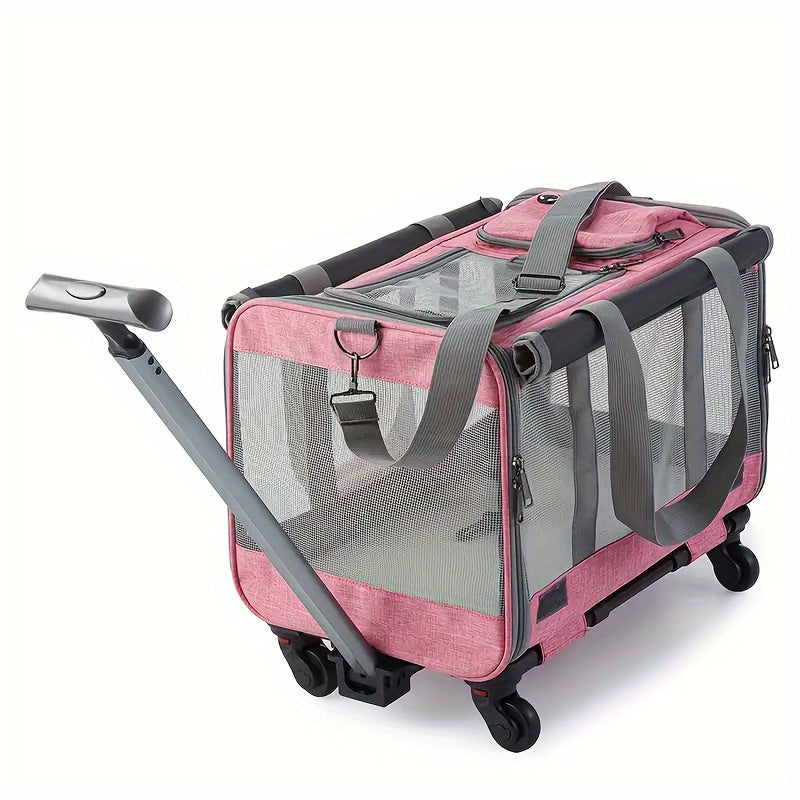 Portable Pet Stroller Carrier with Aluminum Frame and Plastic Wrap, Suitable for Cats and Small Dogs, Stress-Resistant Travel Luggage with Pull-Handle and Wheels