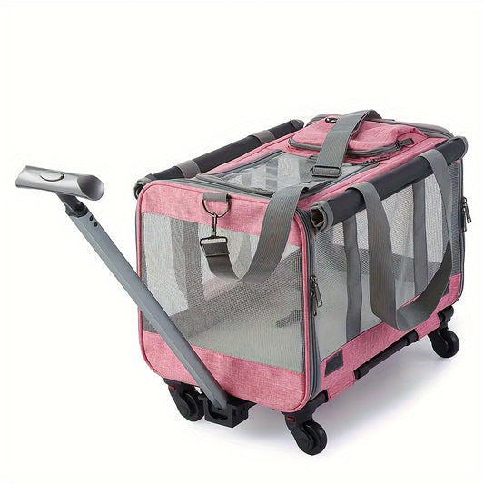 Portable Pet Stroller Carrier with Aluminum Frame and Plastic Wrap, Suitable for Cats and Small Dogs, Stress-Resistant Travel Luggage with Pull-Handle and Wheels